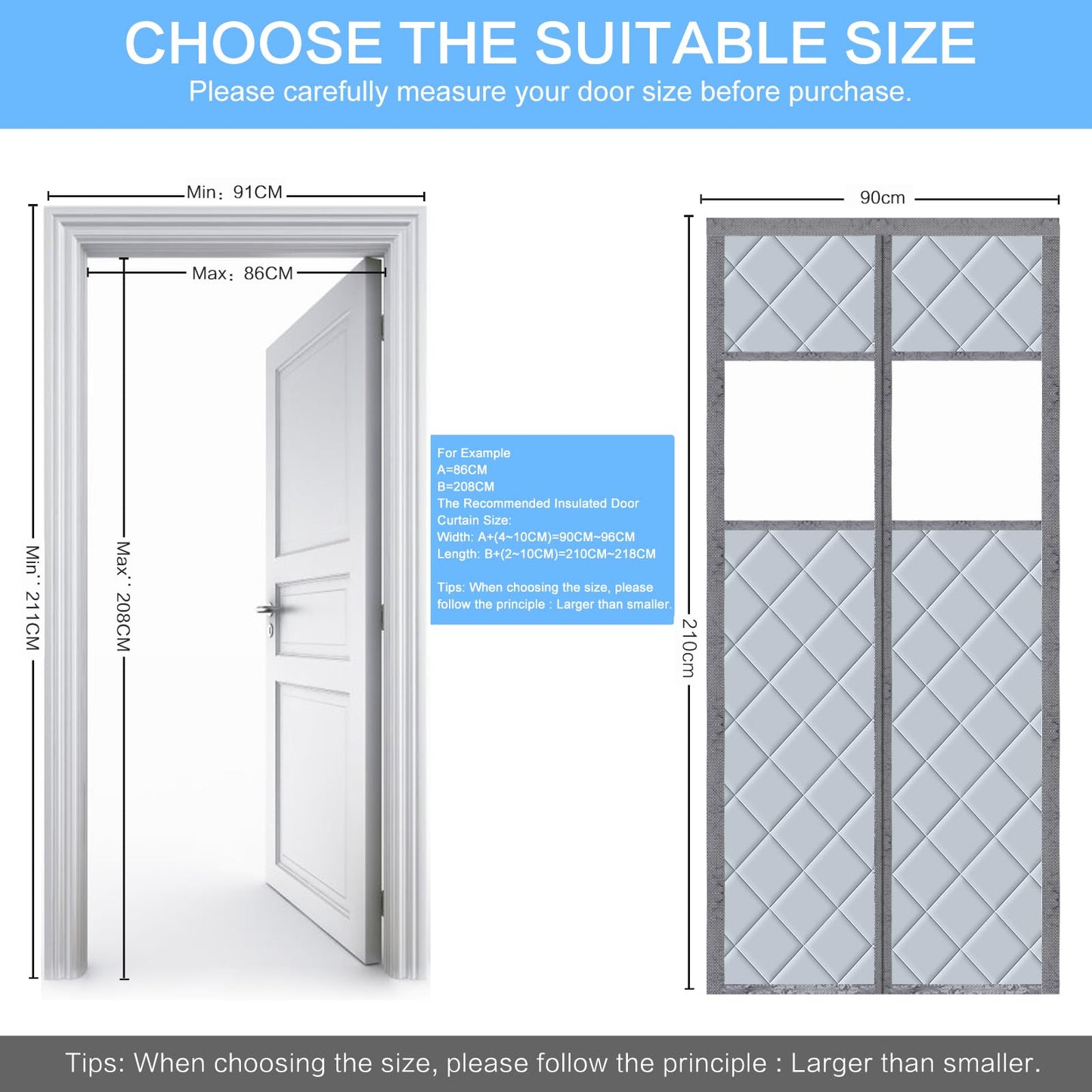 Magnetic thermal door curtain 90x210cm, no-drill thermo curtain for cold and heat protection. Waterproof, windproof, pet-friendly with a transparent window.