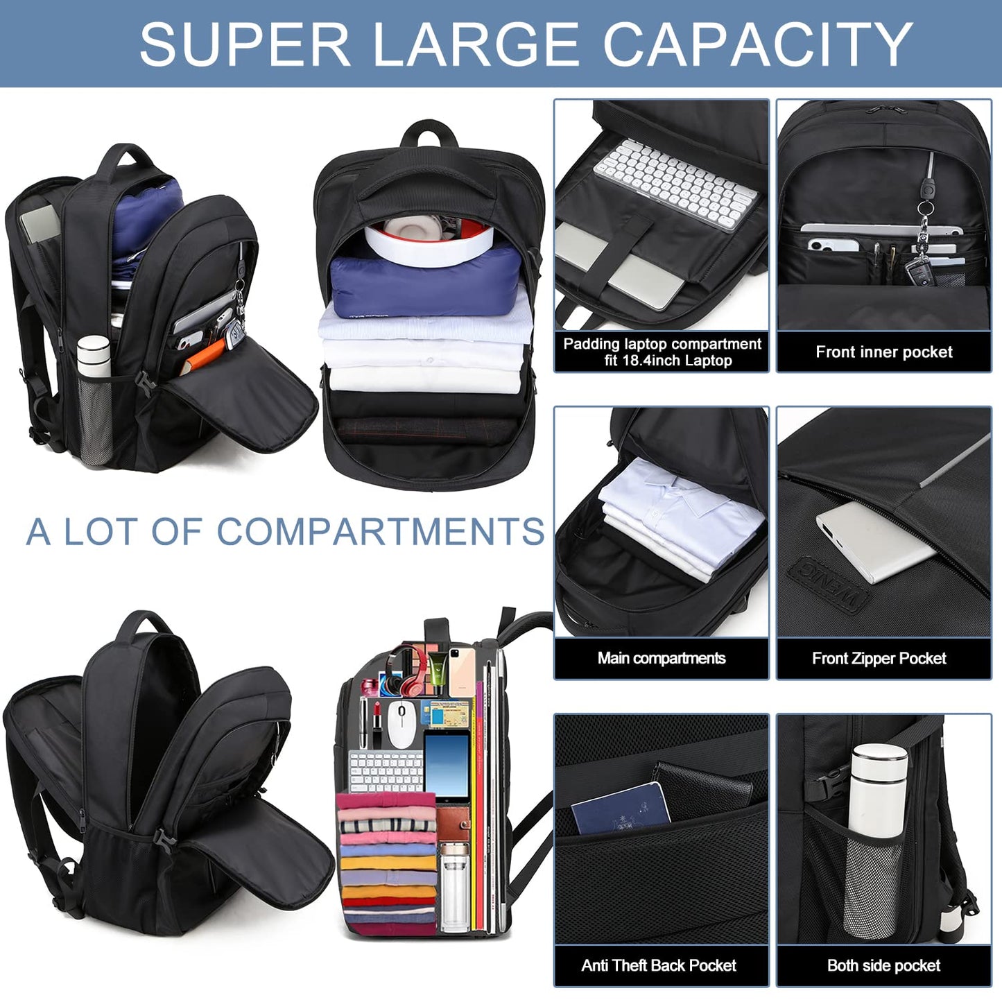 Extra Large Backpack for Men 55L, 18.4 Inch Laptop for School Work with USB Charging Port Waterproof Business Travel Notebook Bag School Backpack for Men Women Boys Teenagers Black