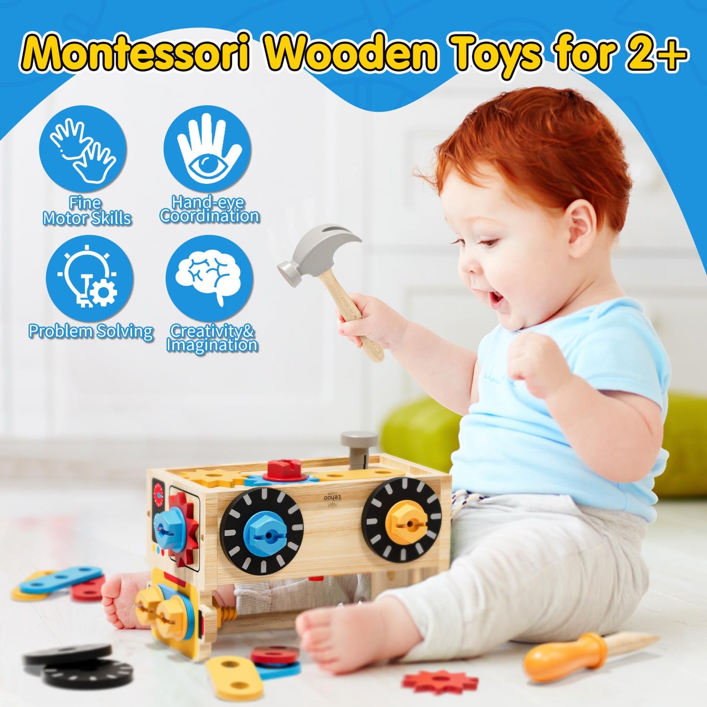 Lehoo Castle Tool Kit for Kids Workbench Children's Toy for Ages 2 and up, 29 Piece Children's Montessori Wooden Tool Toy, Gift for Boys and Girls Tool Motor Skills Learning Games 2 3 4 Years