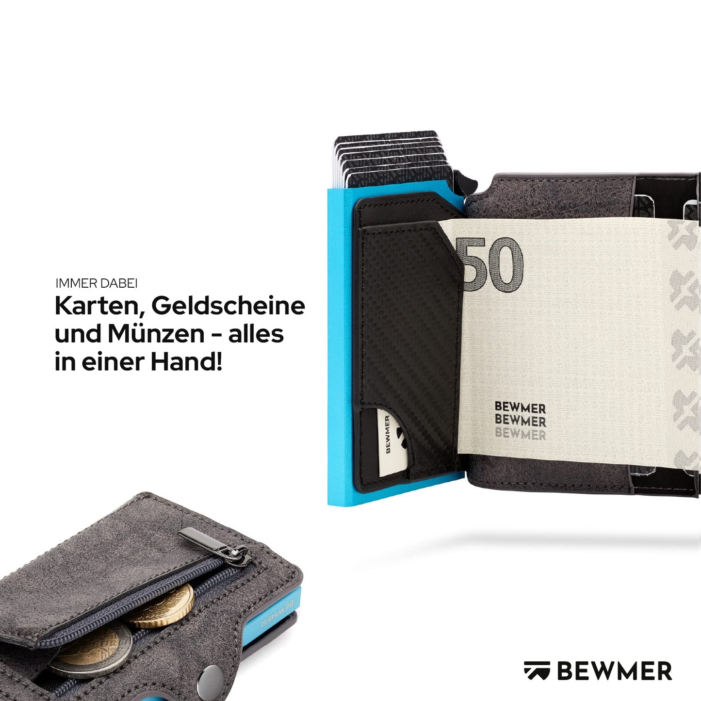BEWMER 1 Protected Cardholder | Slim Wallet for Men and Women | Card Holder with RFID Protection and Money Clip made of Carbon Fiber | Gray