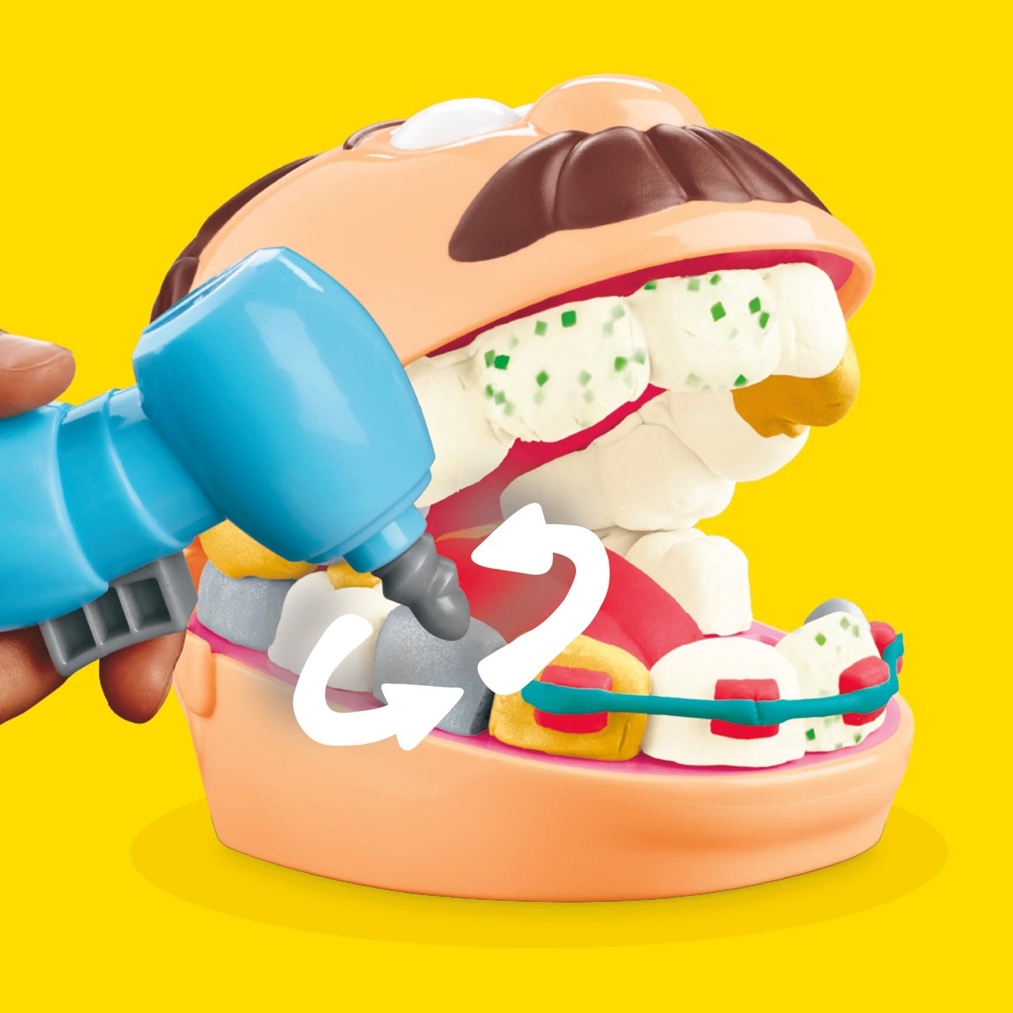 Play-Doh Dentist Dr. Wackelzahn Craft Set with 8 x 56g Tubs and 10 tools for shaping, with cavity clay and metallic clay, creative fun for kids.