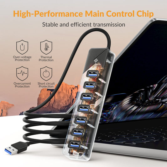 GiGimundo PG7U USB Hub 3.0, 7-Port USB Splitter, 1m Cable with 5V/3A Power Input, Multi USB Adapter for PC Laptop, older MacBook, PS4, PS5, Flash Drive, Keyboard, Mouse GGM-PG7U-U3-10-BK-EU