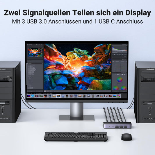 UGREEN HDMI 2.0 KVM Switch 4K@60Hz USB 3.0 Switch 4 Ports (3*USB 3.0+ USB C) allowing you to share 1 monitor, keyboard, mouse, printer, and U disk between 2 PCs with 2 USB cables and 2 HDMI cables.