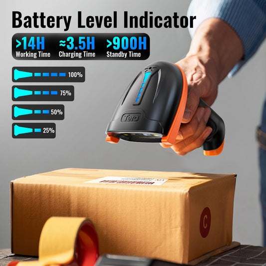 Tera Wireless Handheld Barcode Scanner 1D Laser with Wireless and USB Wired connections, Battery Level Indicator, Large 2000mAh Battery and Ergonomic Design, Patent No.: EU008489413, Upgrade Model 5100, Orange