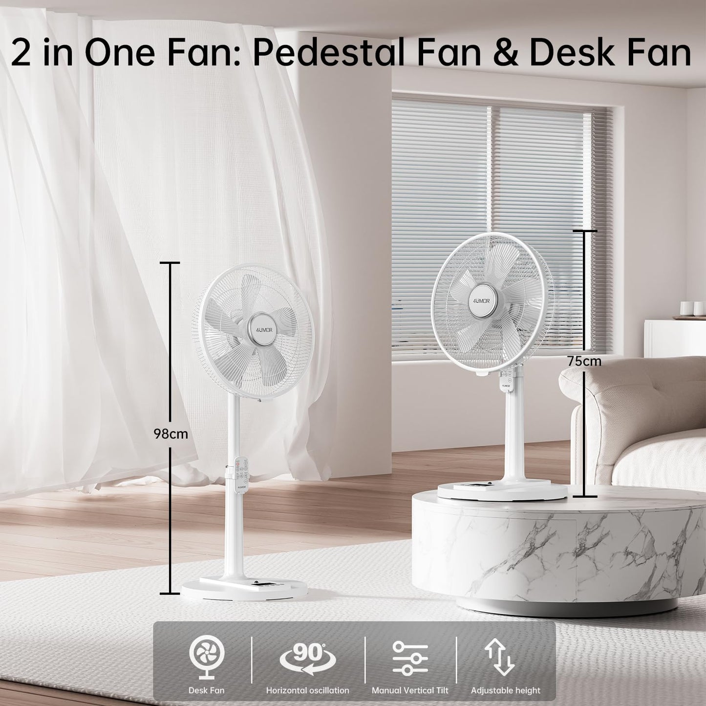 4UMOR Stand Fan quiet 24W 20dB DC Motor 9 Speeds 90° Oscillation adjustable Fan with remote control 9H Timer 41cm Diameter Fan quiet 80% Energy Saving