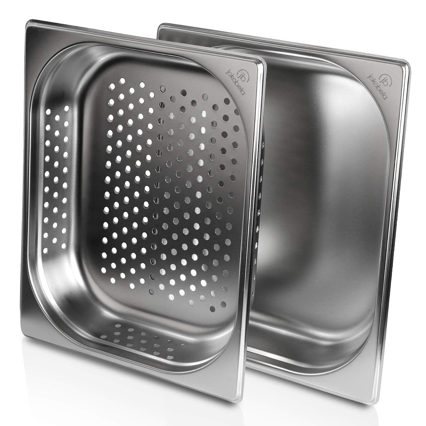 jokobela GN Container SET :: GN 1/2 65mm, 1x perforated, 1x non-perforated :: Compatible with Gaggenau/Miele/Siemens/AEG/Electrolux steam ovens (Heat-resistant, stainless steel, Dishwasher safe)