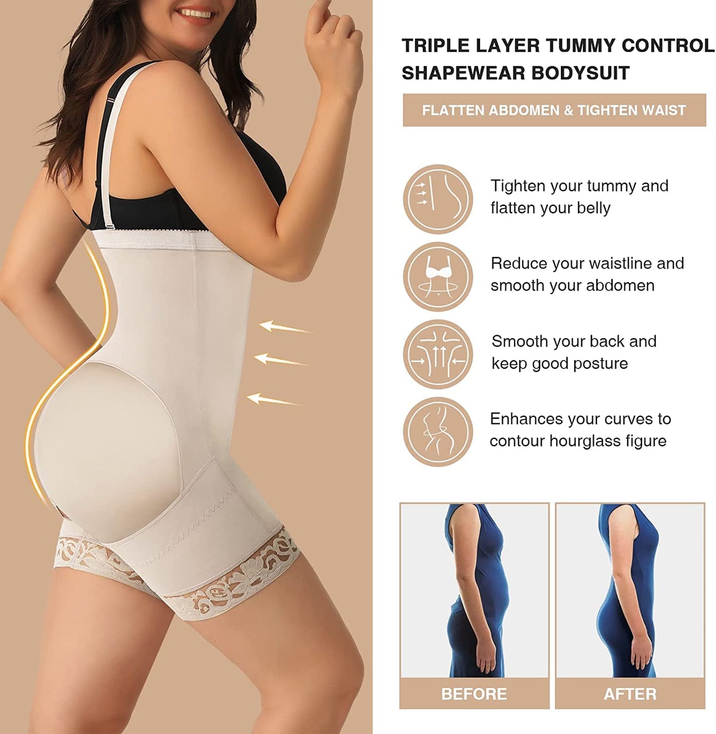 FeelinGirl Women's Shapewear Panty with Tummy Control Effect Shapes instantly and Tightens effectively, XL (EU 46-48), Beige with Zipper