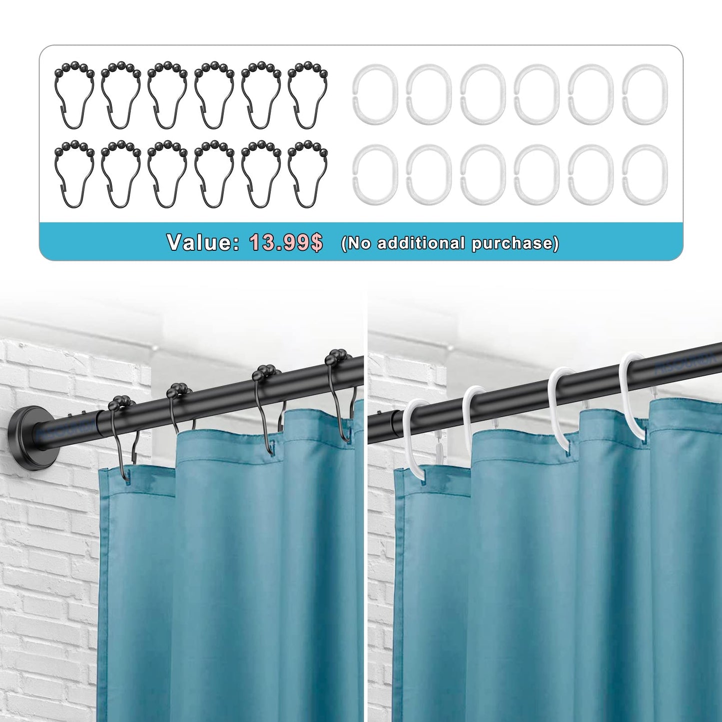 Misounda shower curtain rods U-shaped without drilling, corner shower rod made of stainless steel telescopic (70-100) x 80 x (70-100) cm with 24 shower rings, for wardrobe bathroom dressing room - Black
