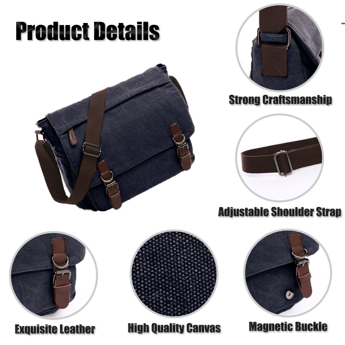 LOSMILE Shoulder bag for men, 16-inch messenger bag made of canvas, suitable for work and school. (Black)