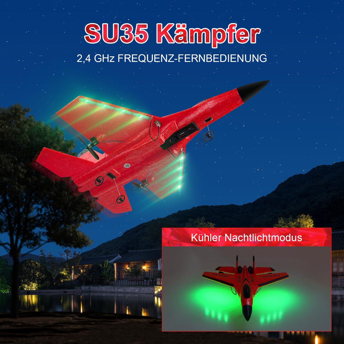 Henakmsl RC Airplane 2.4GHz SU35 Fighter RC Airplane 2CH Remote Control RTF for Beginners, Kids, and Adults, FX620 Airplane Toy with Colored Lights USB Charging Red
