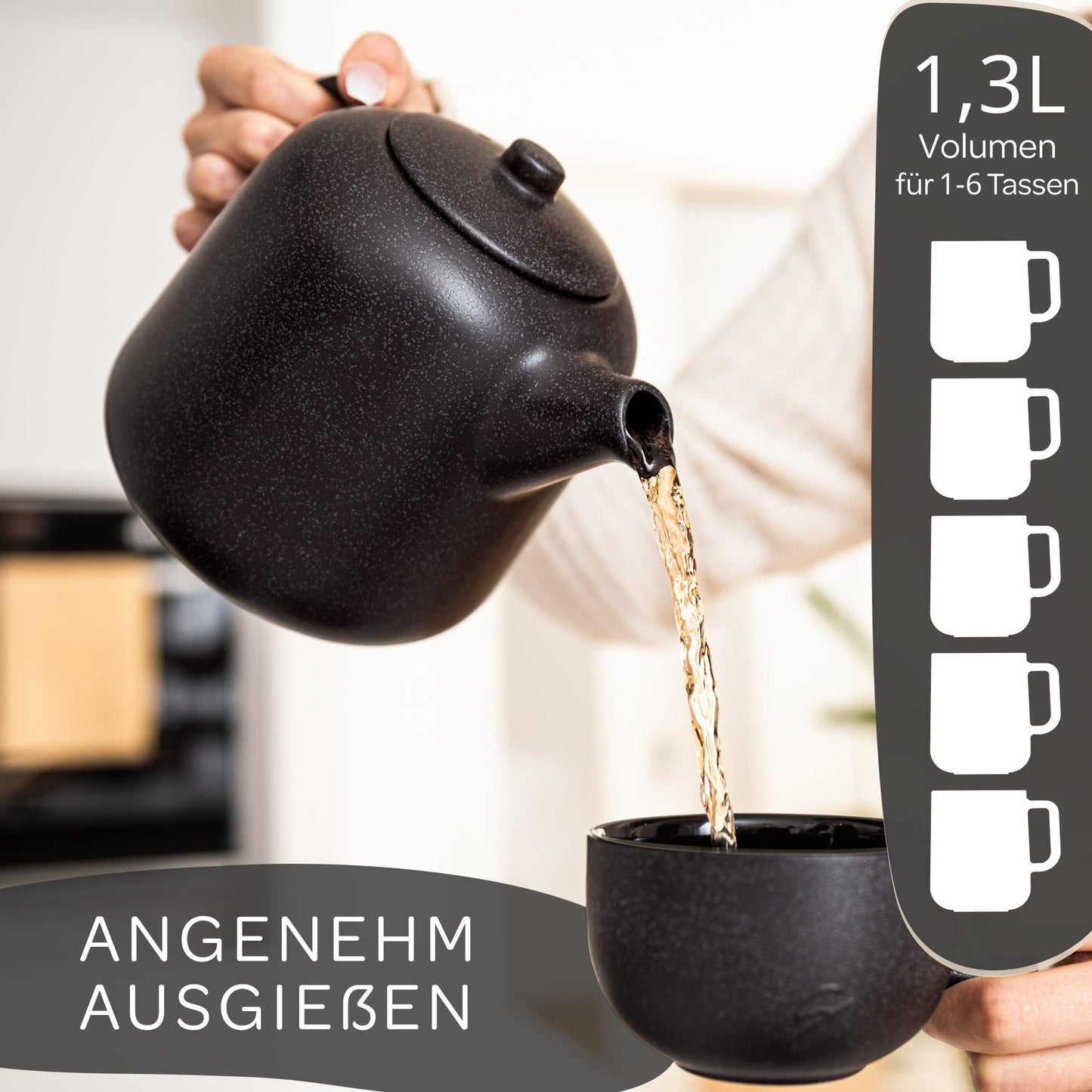STONE AGE design teapot with warmer (1.3L) - with stainless 304 steel infuser - ceramic with unique glaze with removable infuser, black