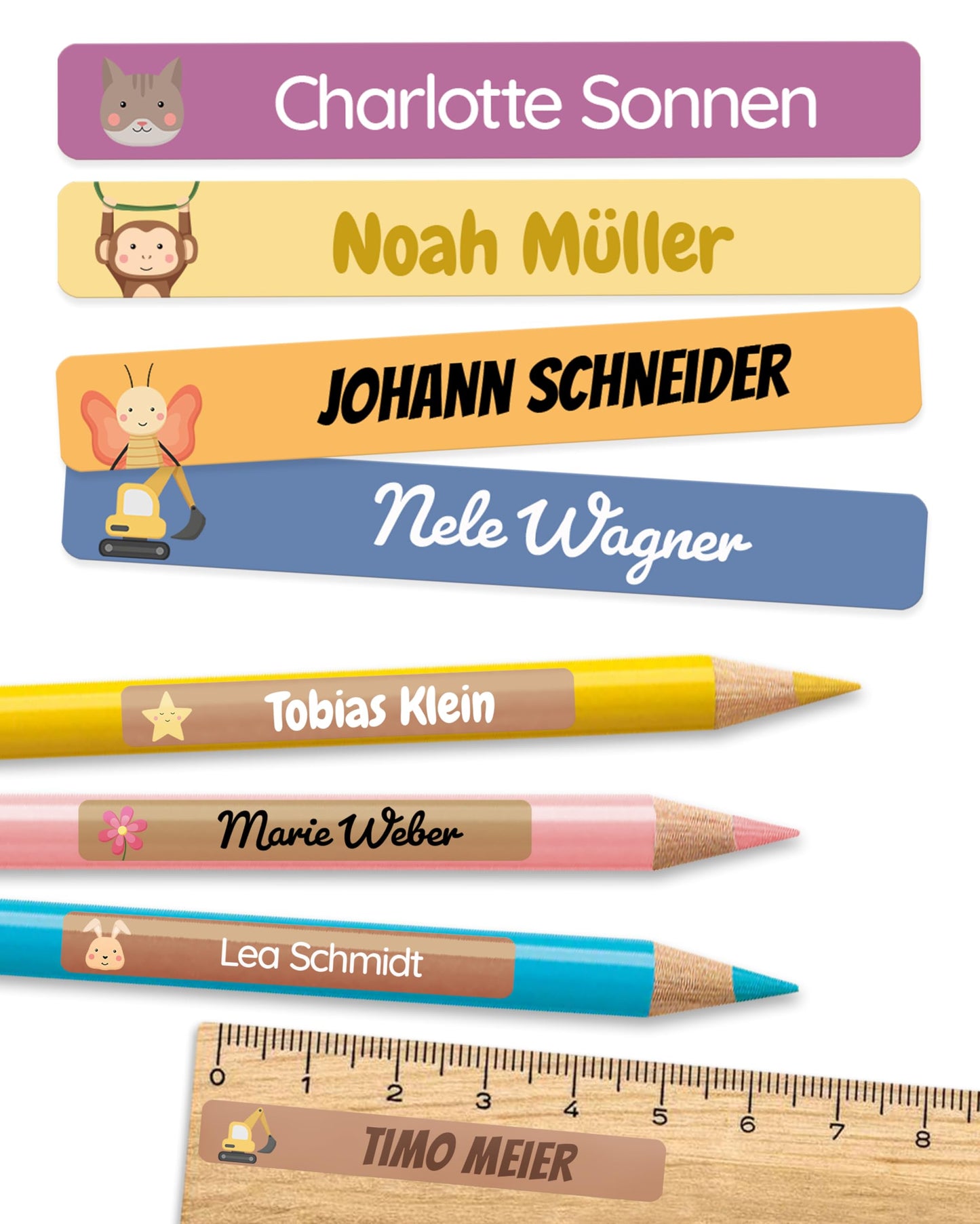 melu kids® personalized name stickers for school & daycare (225 pieces) - Waterproof labels with names for pens and all school supplies - Dishwasher safe (color mix)