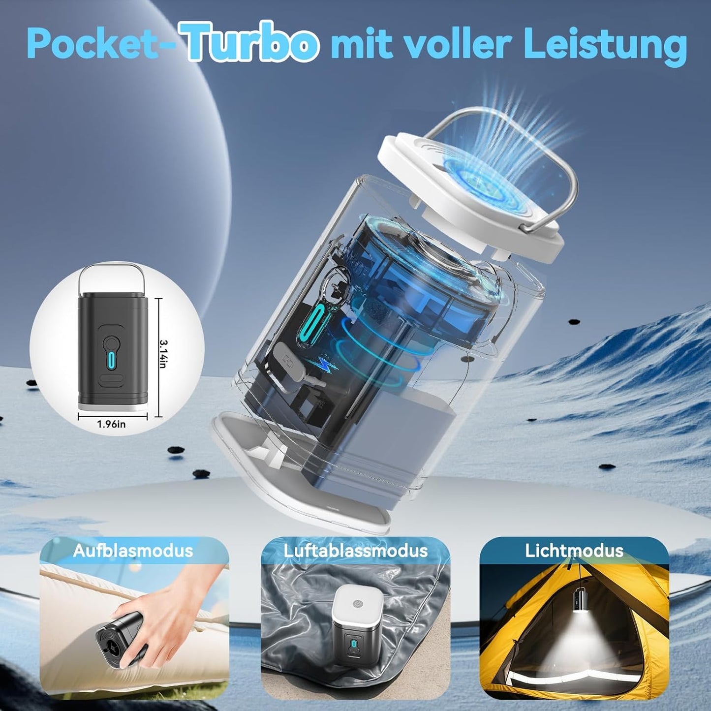 Portable pump, 5 multi-function nozzles for quick manual inflation of air mattresses, swim rings, pools, and inflatable toys - ideal for camping & outdoor use.