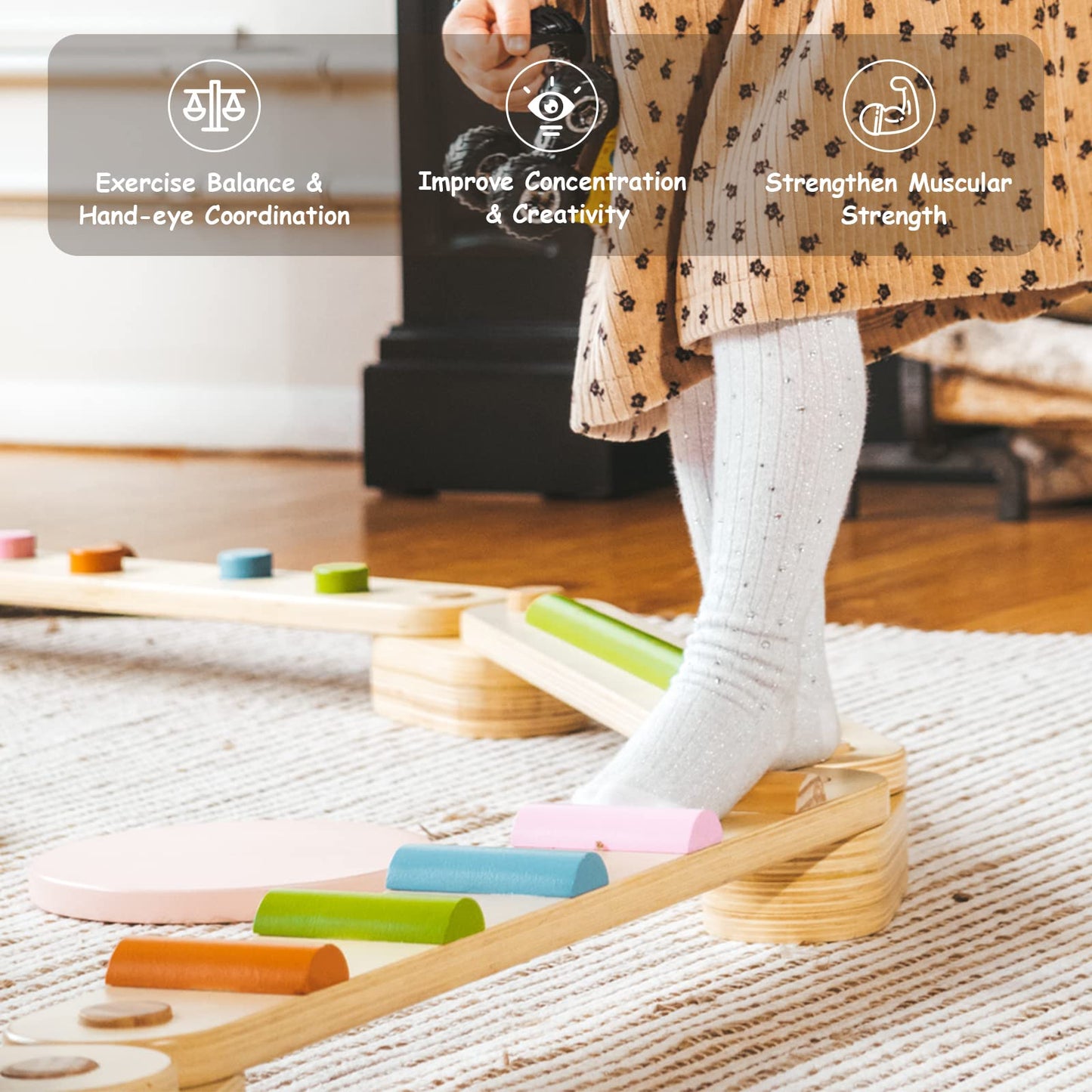 BanaSuper Wooden Toddler Balance Beam Colorful Obstacle Stones Montessori Toy for Kids Balance Training Gymnastics Obstacle Children Balance Board (Balance Beam with Stepping Stones)