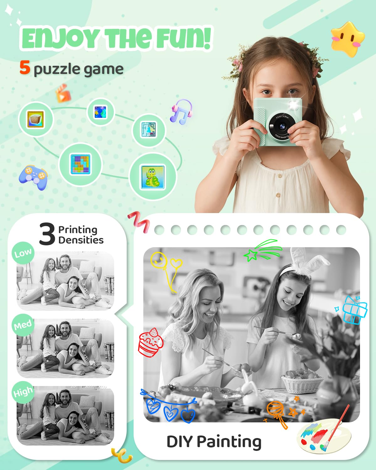 TIATUA Kids Instant Camera, 2.4" Instant Camera for Kids with 32G Card and Photo Paper Print, 1080P HD Kids Digital Camera, Gifts for Boys and Girls 3-12 Years (Green)
