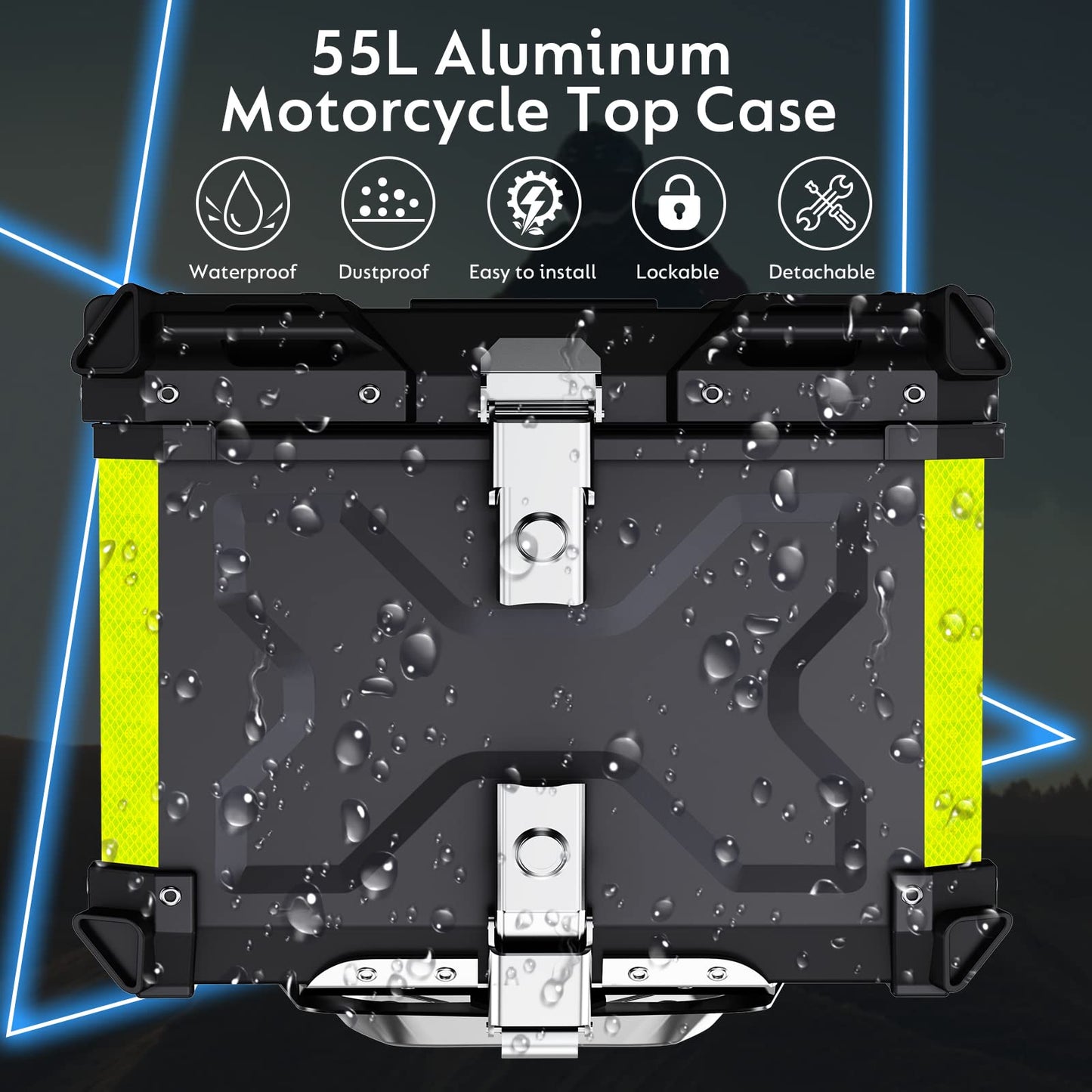 Motorcycle top case, 55L top case for scooter Waterproof top case Aluminum motorcycle trunk Travel motorcycle case with security lock for motorcycle helmet Helmet, Waterproof motorcycle top box (Black)