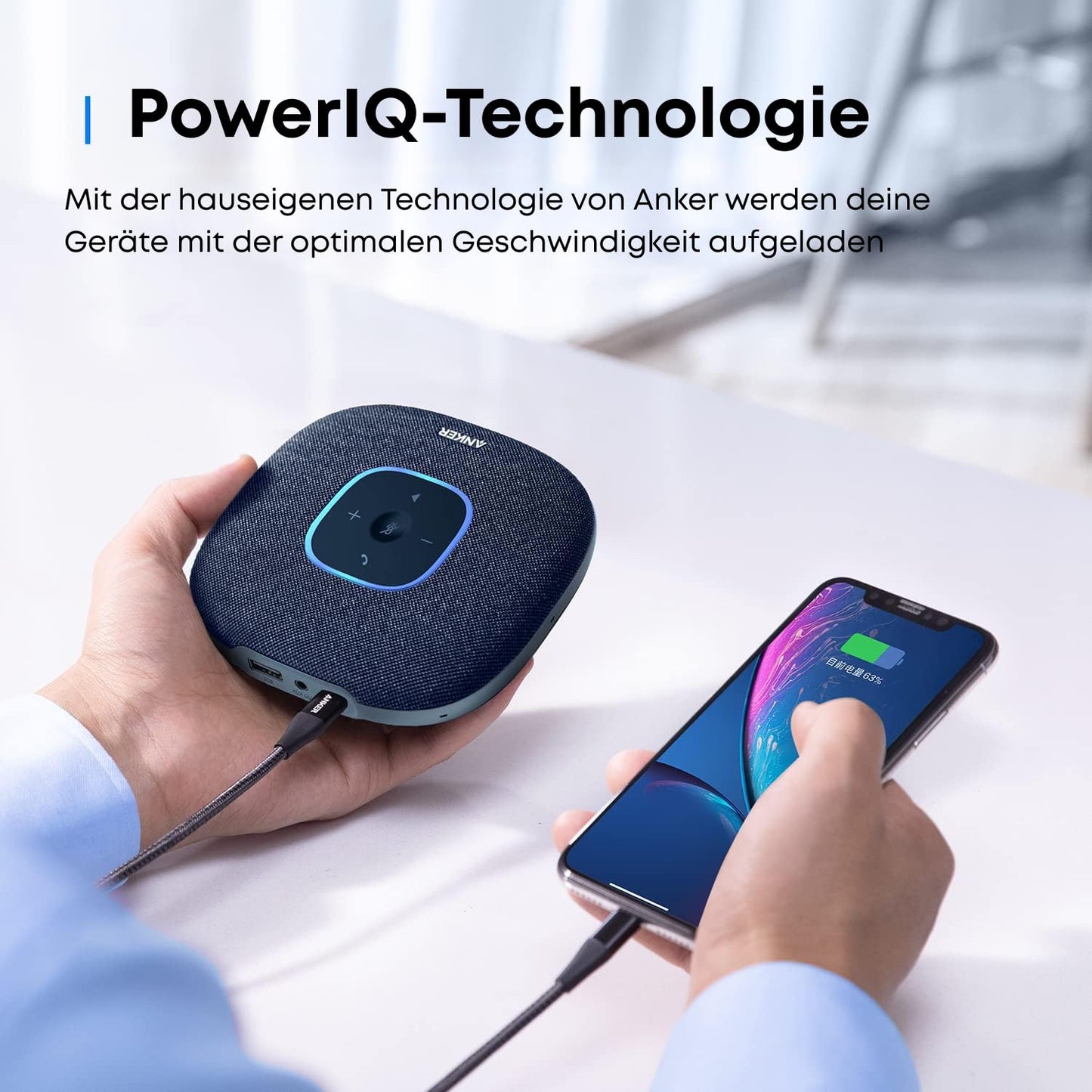 Anchor PowerConf S3 Bluetooth speakerphone features 6 mics, improved voice pickup, 24-hour call time, app control, Bluetooth 5, USB C, and compatibility with popular platforms. Ideal for home offices.