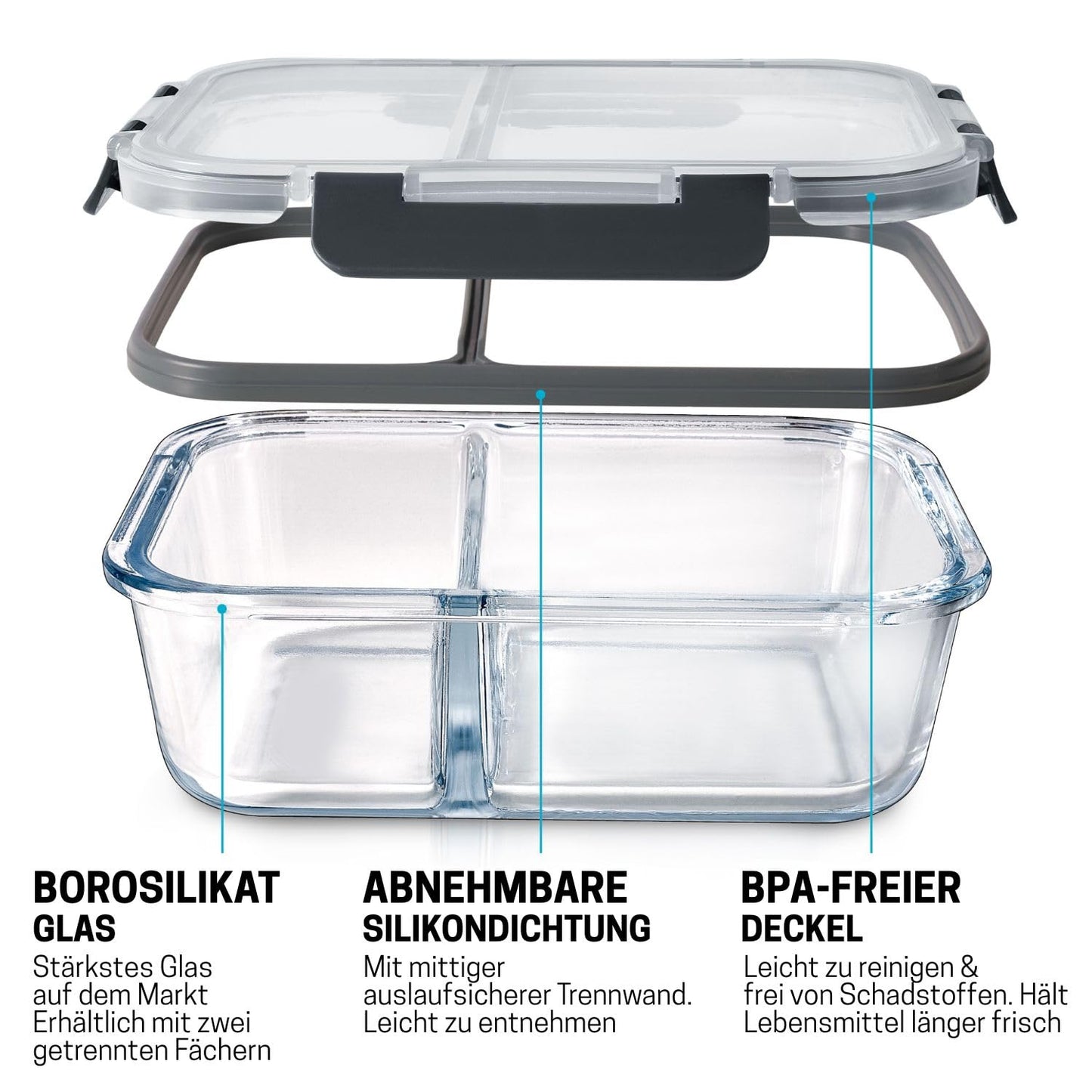 Igluu Meal Prep Glass Food Storage Containers with BPA-free lid (3-pack) - microwave, oven, freezer, dishwasher safe, leak-proof - 980 ml - with 2 compartments - durable borosilicate glass