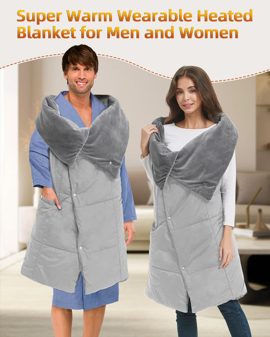 Wireless heated blanket with 7.4V battery for men and women, FERNIDA electric heating pad portable heated scarf for home, office, travel, hiking, Gray