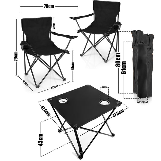 BigDean 2 piece camping chairs & folding camping table in black - table with chairs included - folding chair with table - portable table with chairs