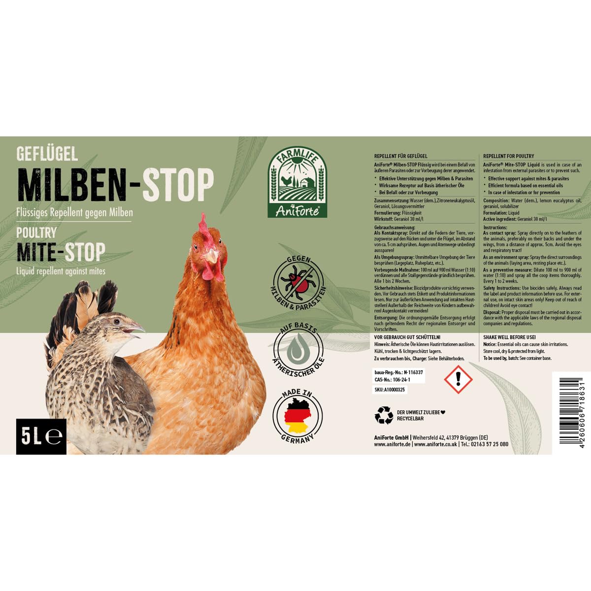 AniForte Mite Stop Liquid for Chickens & Poultry 5 Liters - against mites & parasites, for acute infestation & preventive measure, effective defense, ideal for refilling AniForte Mite Stop Spray.