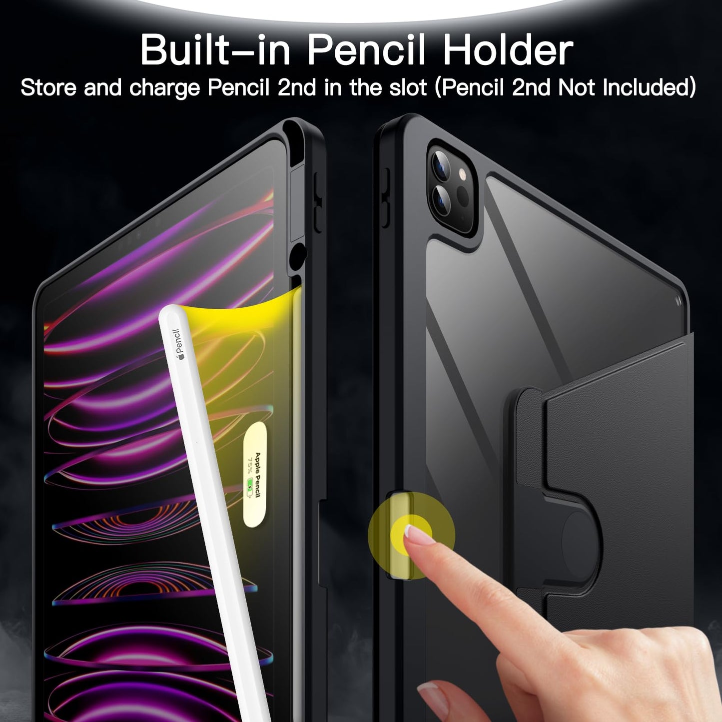 JETech Rotating Case for iPad Pro 12.9-inch (2022/2021/2020/2018) with Pencil Holder, 360 Degree Rotating Protective Cover Stand Transparent Back, Auto Wake/Sleep (Black)