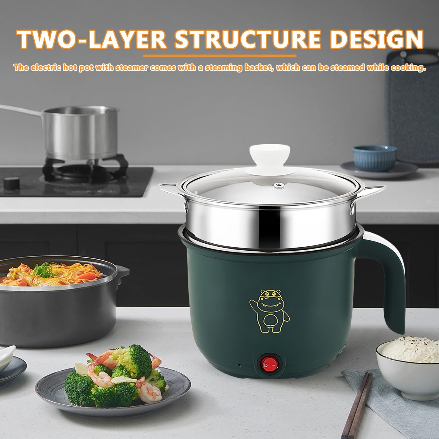 Electric Hot Pot with Steamer, Electric Hot Pot 1.5l, Portable Mini Non-stick Multicooker, Fast Ramen Cooker, Portable Non-stick Pot for Home, Office, Dormitory