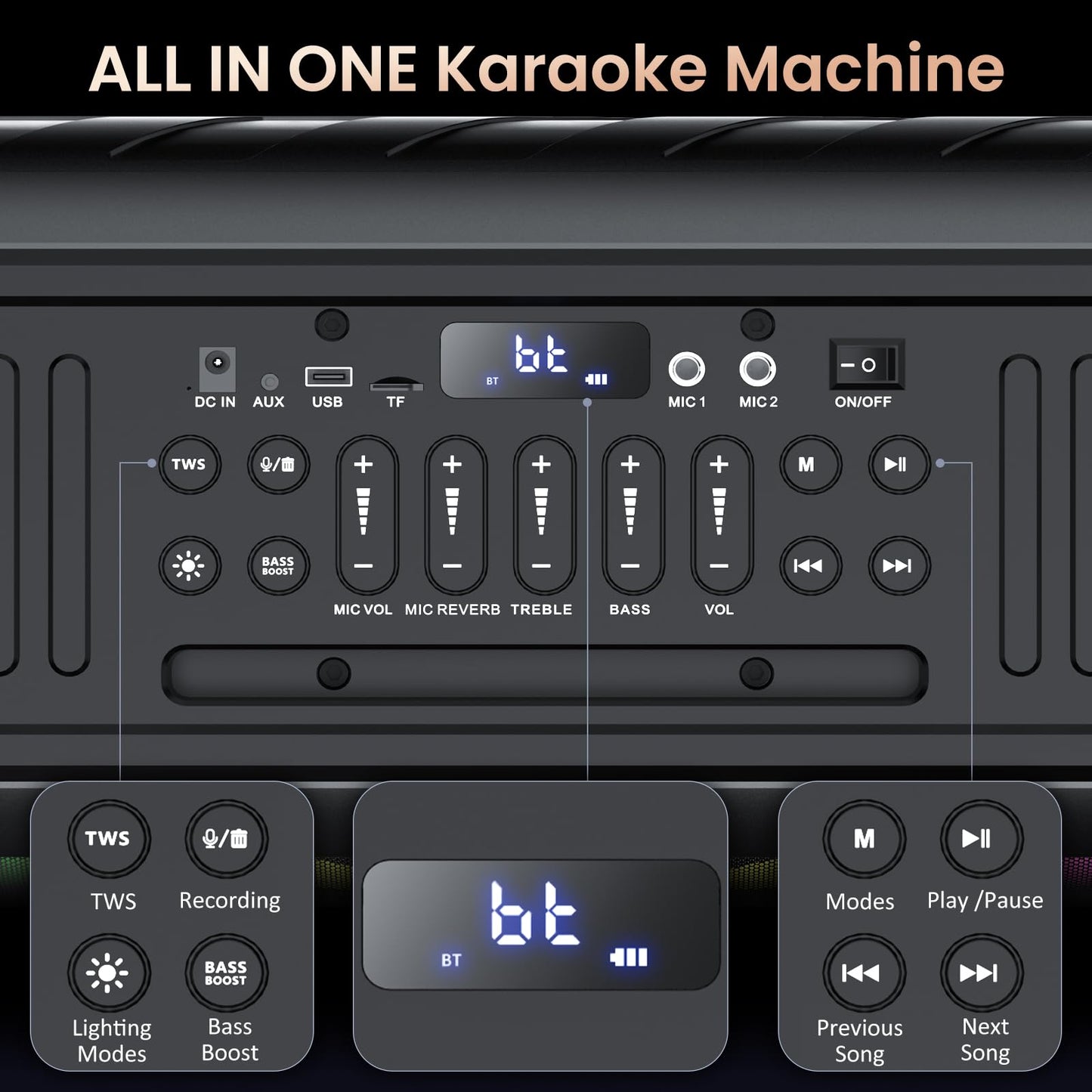 JAUXXIAN Karaoke machine with 2 microphones, large portable Bluetooth speaker with RGB light, karaoke system for karaoke, house party, PA system for adult party box supports TF/USB, AUX,Rec.