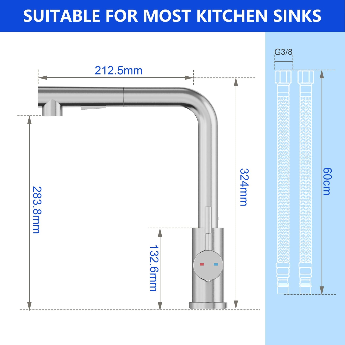 Pull-down kitchen faucet, YUANNY high-pressure kitchen faucet with pull-out spray, single lever mixer tap for kitchen with 2 spray modes, kitchen sink faucet 360° swivel, stainless steel kitchen tap 304.