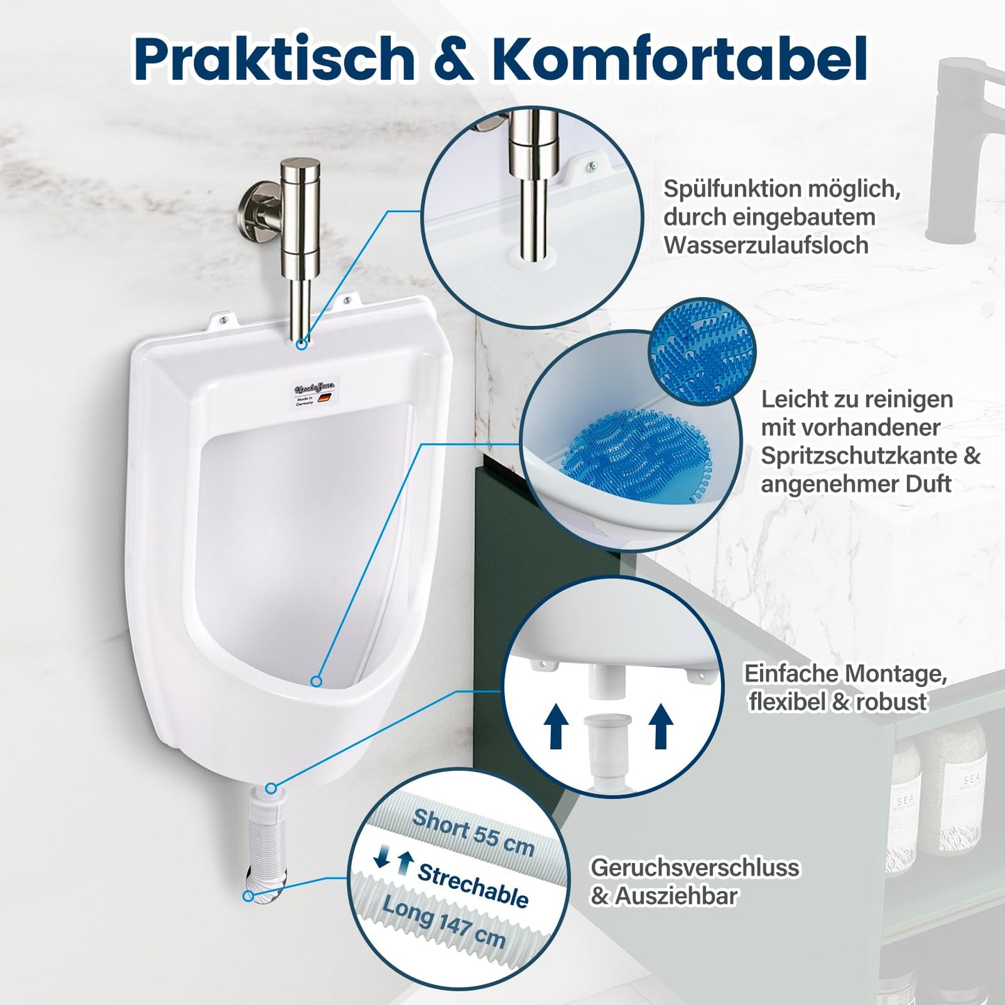 Plastic urinal with hose, urinal strainer & accessories - men's toilet set stand-up toilet, plastic wall pisuar for garden toilet house, camping, construction site - white PVC