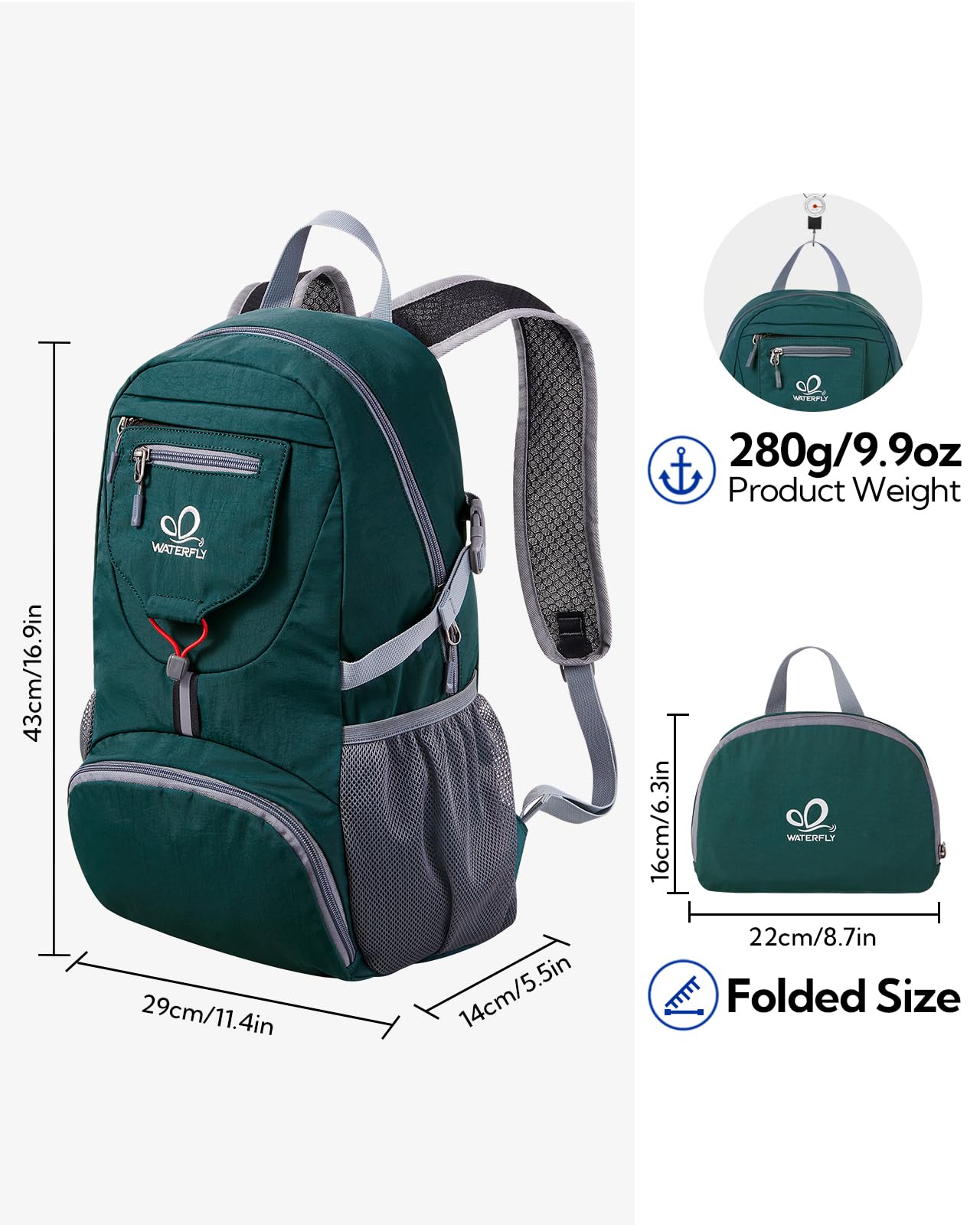 WATERFLY Ultralight Foldable Small Backpack: 20L Lightweight Packable Hiking Daypack Trekking Backpack Outdoor Athletic Backpack Travel Daypack for Men Women (Dark Green)
