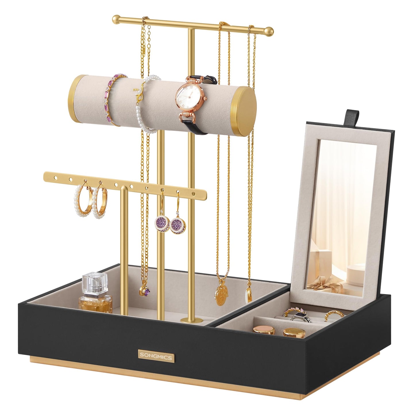 SONGMICS Jewelry Stand, Jewelry Holder, Earring Holder Metal, Jewelry Tray with Mirror, Jewelry Storage for Necklaces Bracelets Earrings Rings, Gift Idea, Gold-Black JJS022B01