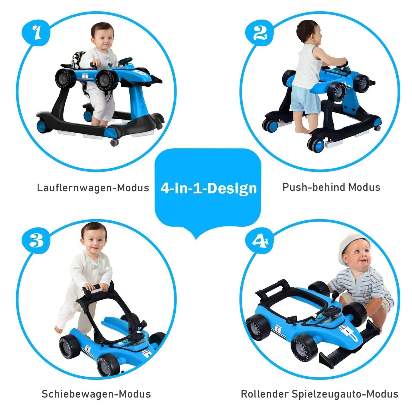 COSTWAY 4 in 1 walking aid, foldable walking cart with adjustable height & speed, car-shaped baby walker with music box, light & wheels, walker for babies from 6 months, load capacity 12kg (blue)