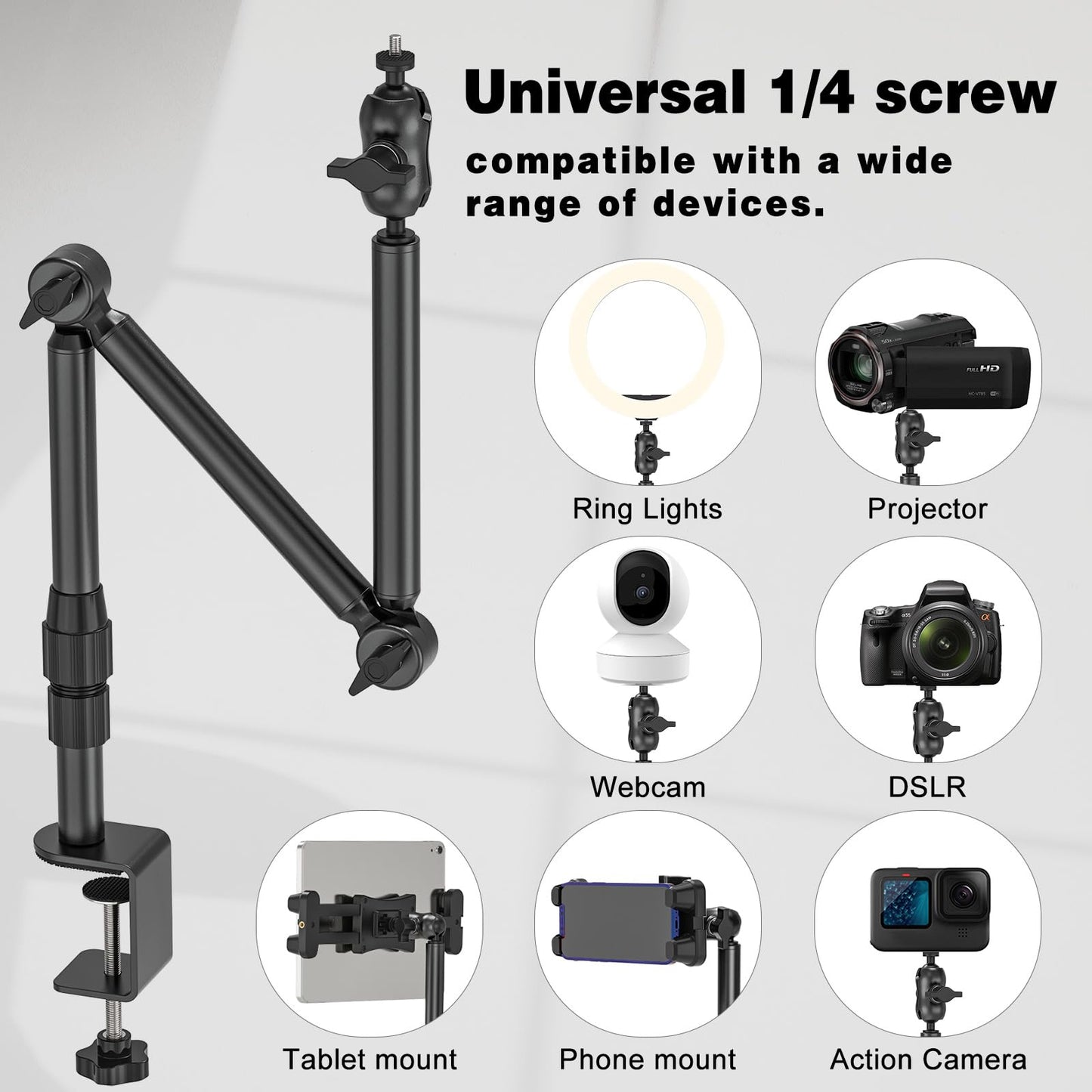 Rodison webcam stand holder, 78.4 cm desk camera mount with 1/4'' screws for DSLR cameras, ring light, projector, Logitech webcam, handycam, GoPro Hero 8 7 6 5.