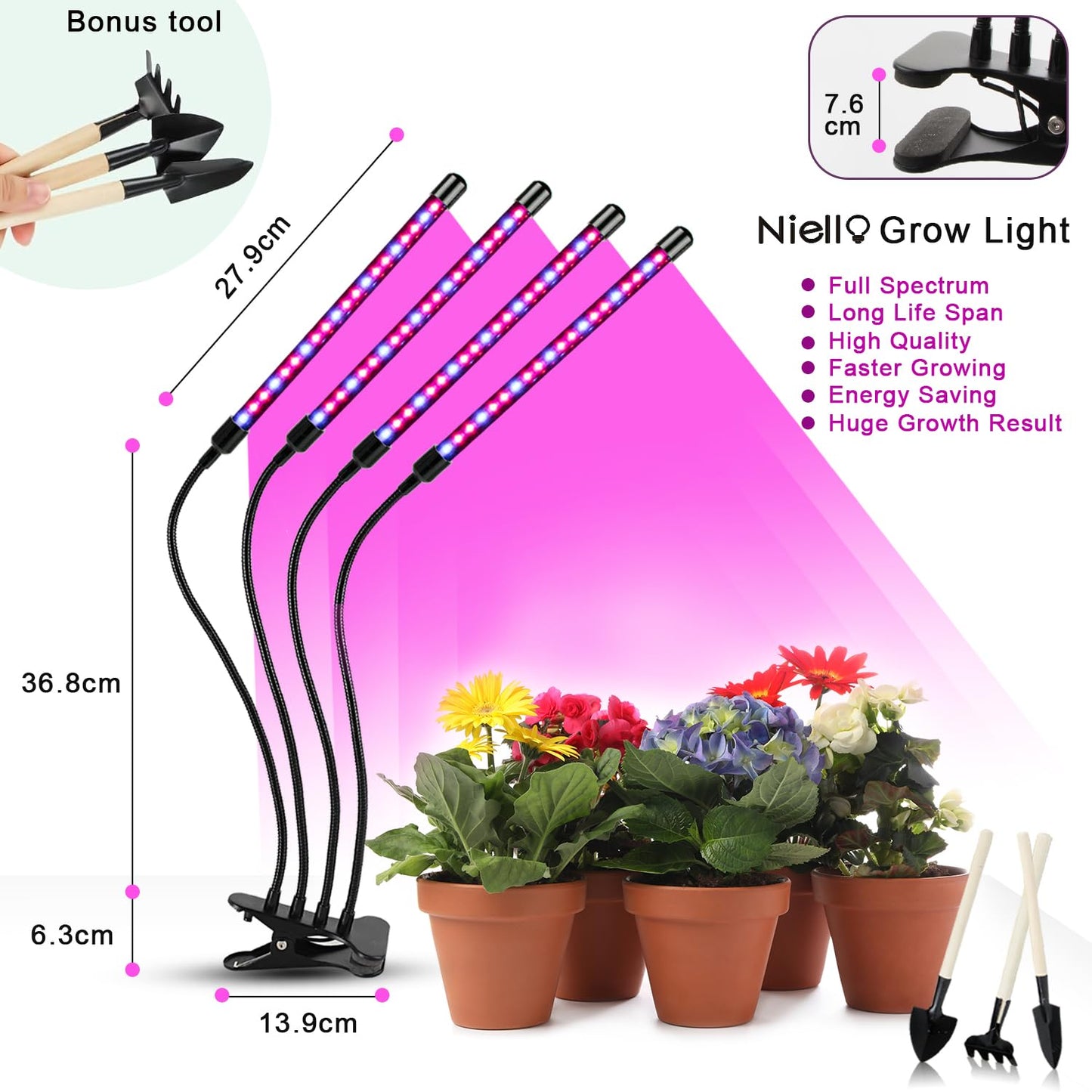 Niello Plant Lamp LED, Plant Light 80 LEDs Growth Lamp Growing light Full Spectrum with 10 Levels, 3 Modes, 4 Heads Growth Lamp with Timer for Gardening