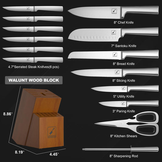 Imarku Knife block with 15-piece Japanese stainless steel knife set, professional kitchen knives with sharpener, one-piece knife for easy cleaning, sharp blades.