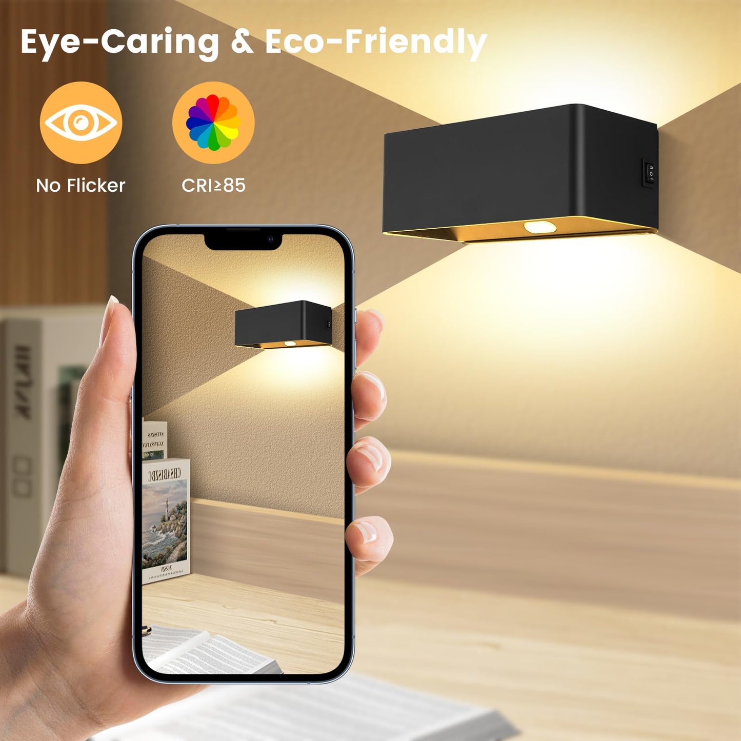 Wireless battery wall light with motion sensor, USB-C rechargeable battery wall lamp with timing function, 6W LED dimmable wall light with remote control, indoor wall lighting with switch, black.