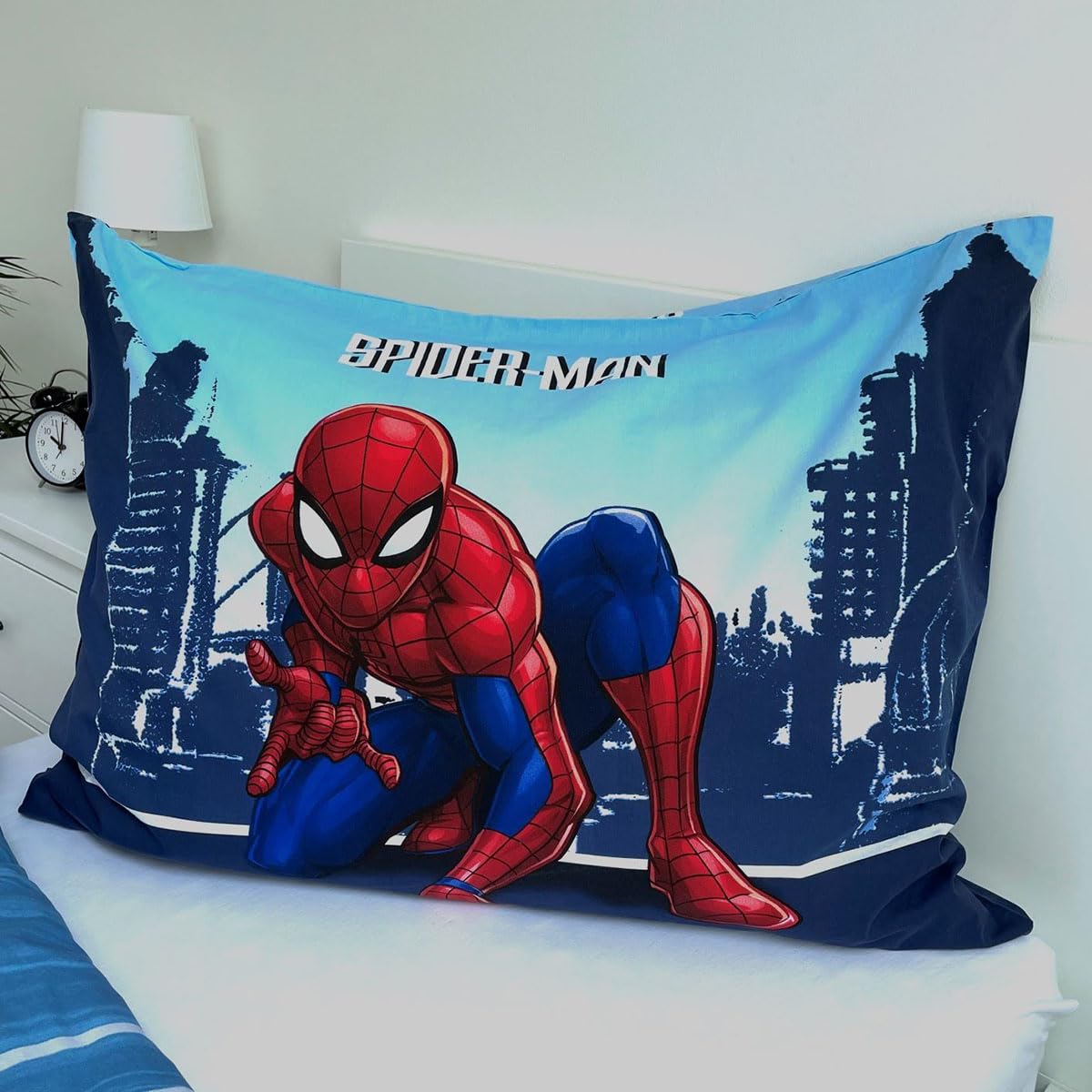 Jerry Fabrics Kids Bedding Set Reversible Spider-Man City Spider Webs Blue, Duvet Cover 140x200 cm, Pillowcase 70x90 cm, 100% Cotton, Multicolored, 23BS233