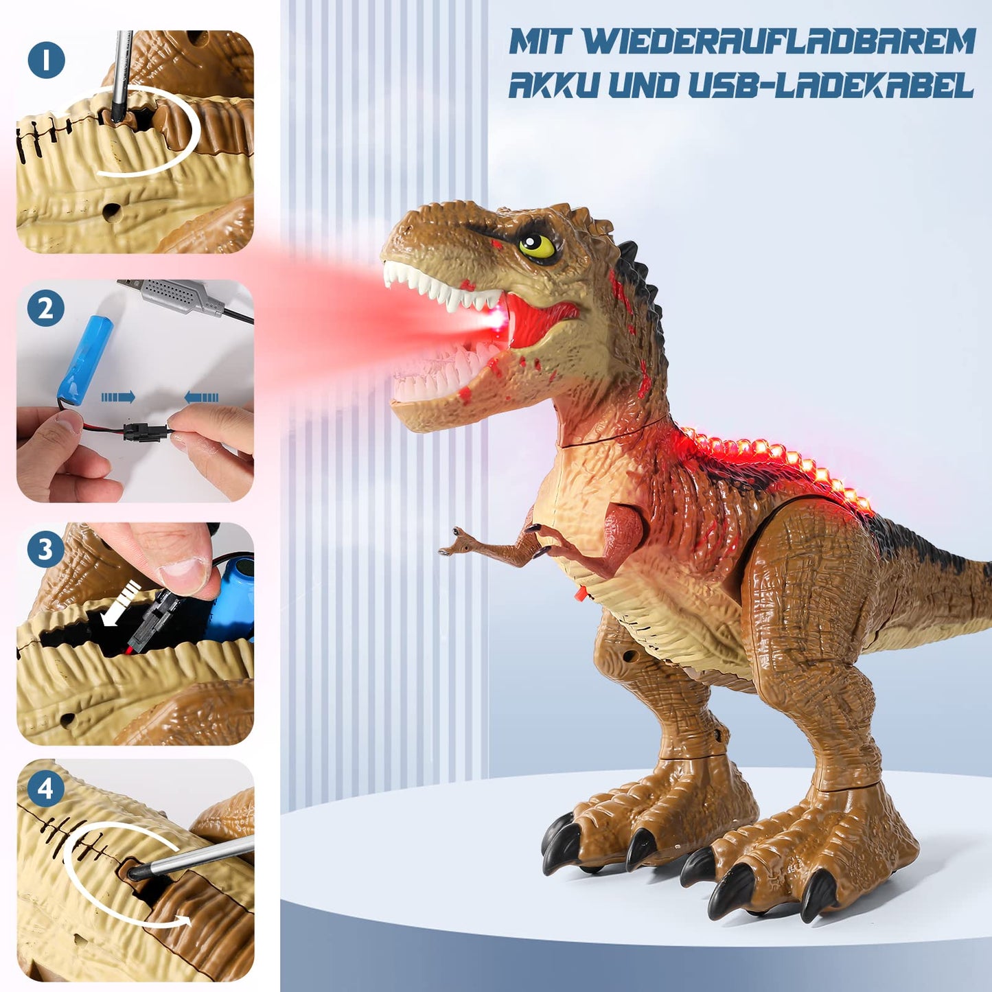 BAZOVE 2.4GHz remote control dinosaur toy with 360° spin stunt, spraying function, roaring, and LED light, electronic T-Rex dino toy gift for boys girls 3+ years old.