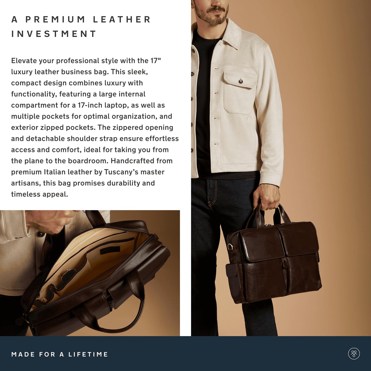 Maxwell Scott - Luxurious men's business briefcase in leather with padded shoulder strap - Handcrafted from Italian full-grain hides - The Lagaro Dark Brown