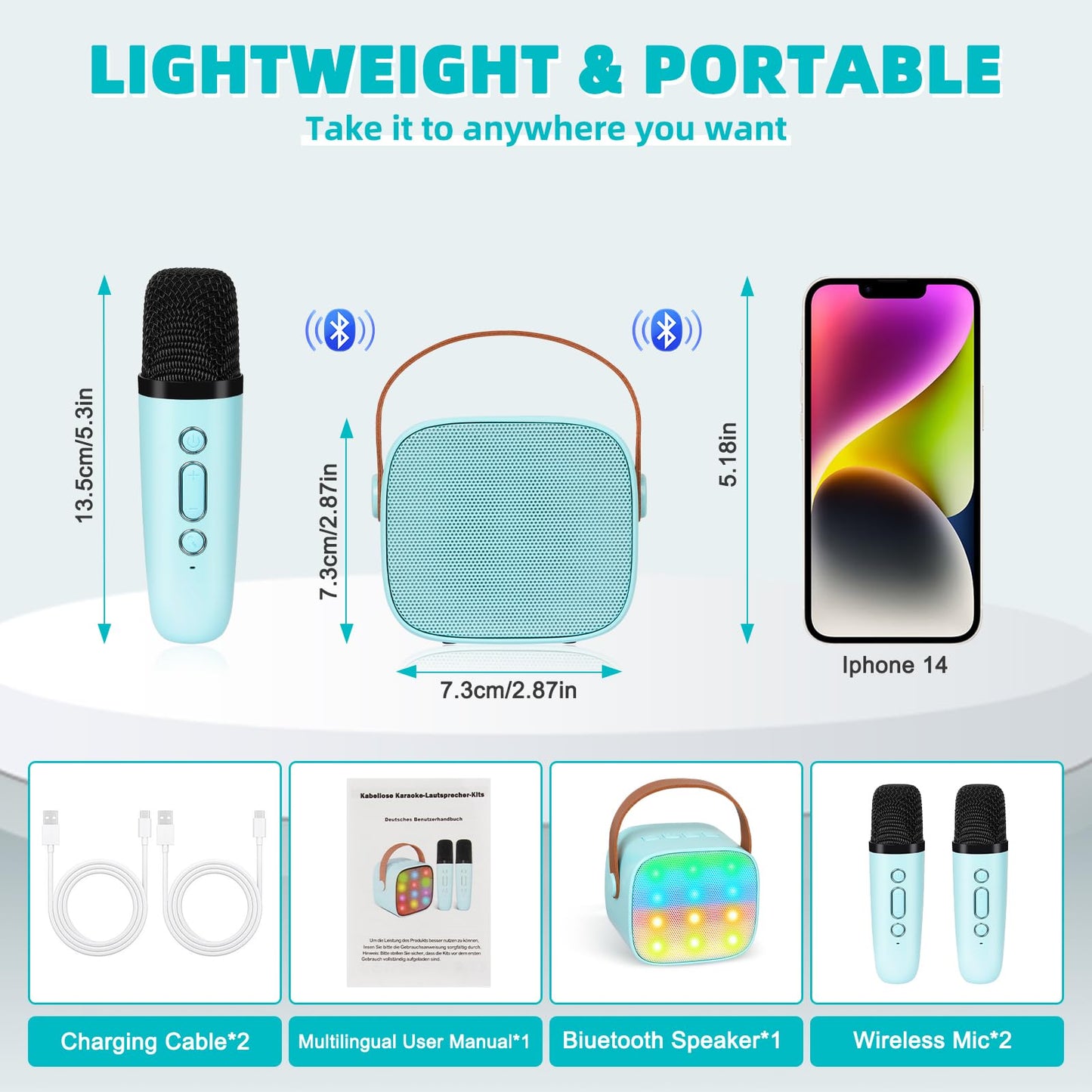 Karaoke machine for kids, mini karaoke system with 2 microphones, portable Bluetooth speaker with voice effects & LED lights, gifts toy for 3-12 year old girls and boys.