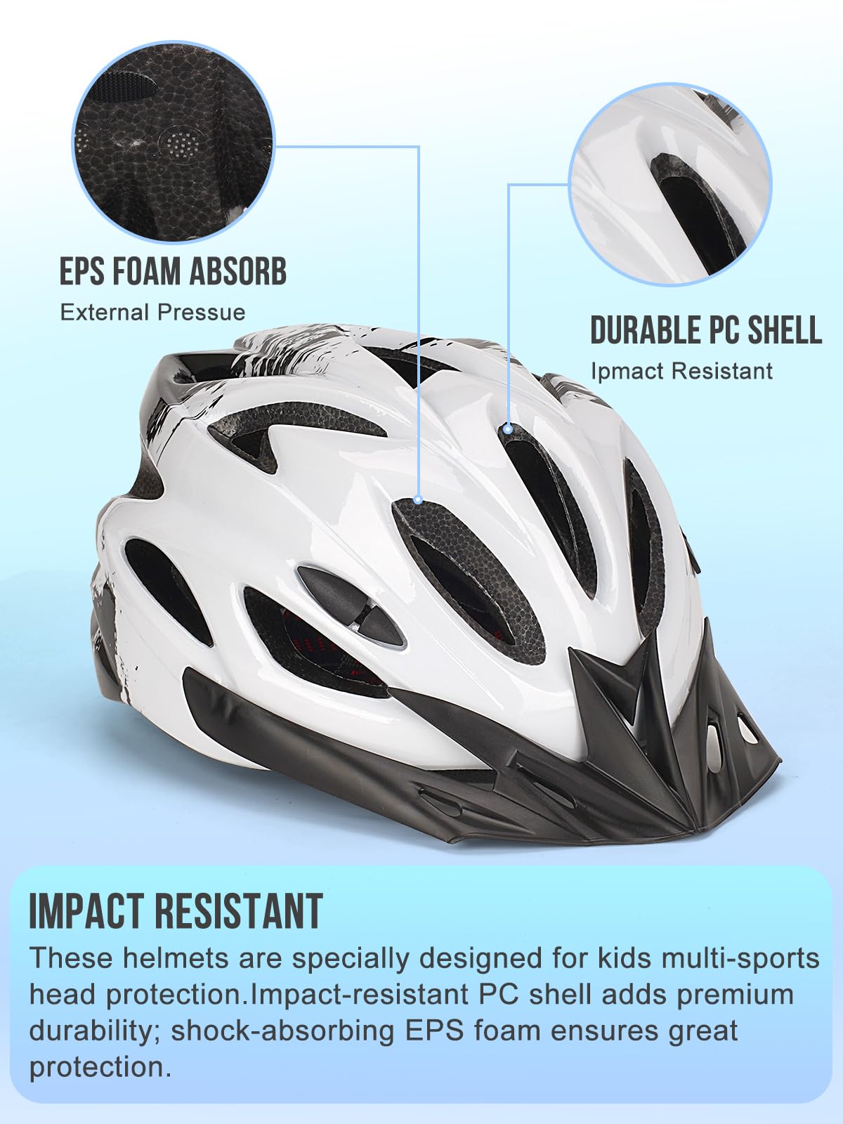 Kids bike helmet, Adjustable helmet for boys and girls aged 3-15, Multi-sport helmet (50-59cm), Safety helmet for biking, scooting, skating (White, S: 50-55cm)