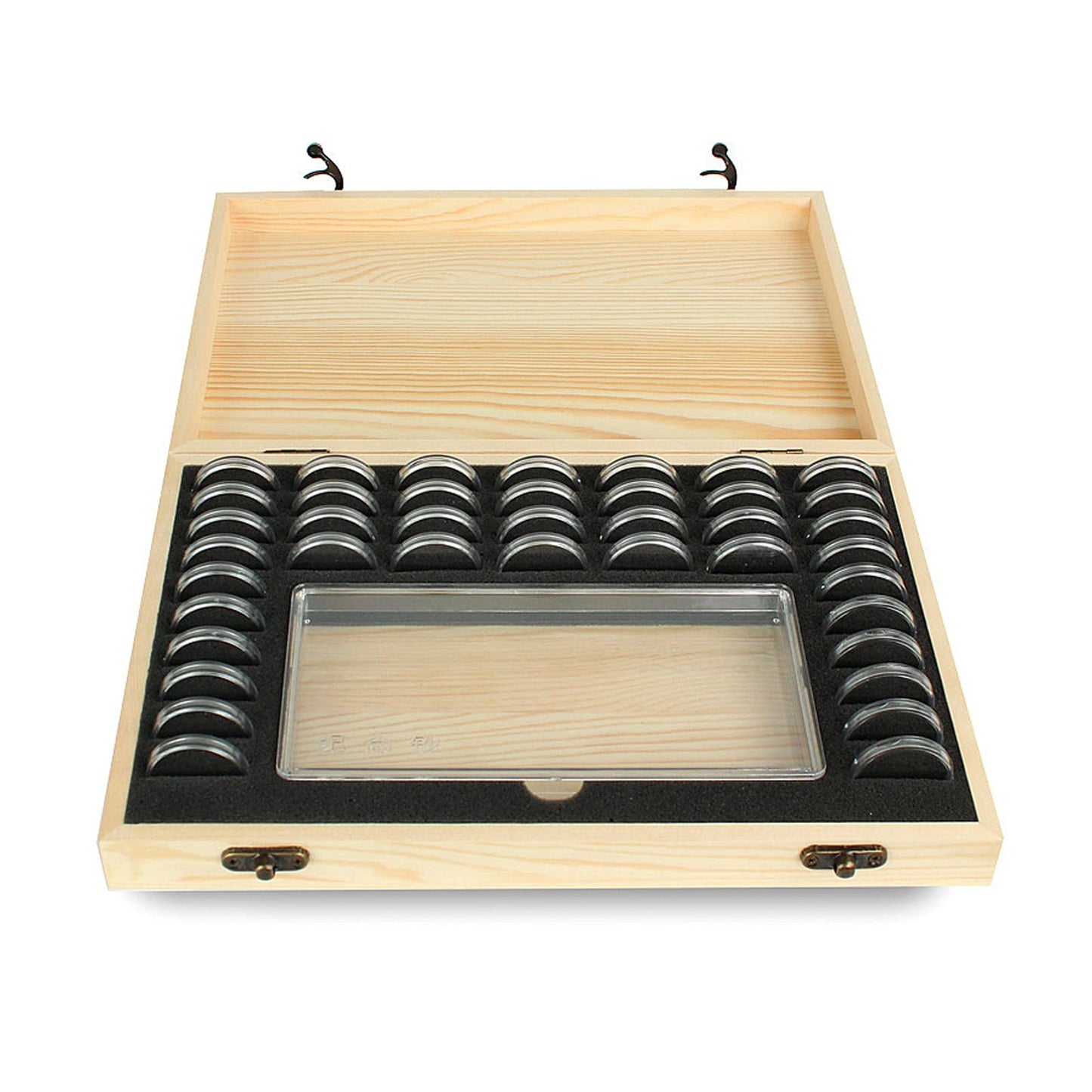 Wooden coin capsule holder, coin storage box, coin collection holder with lock, coin collector organizer, container, coin display for 40 coins and 100 banknotes.