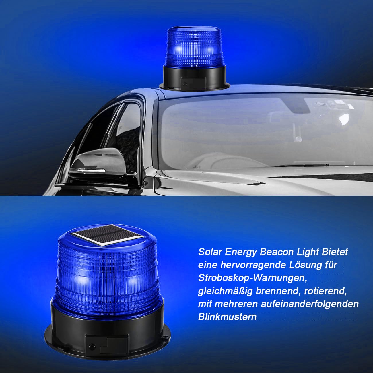 antom 12-24V LED beacon blue light warning light with magnetic base for trailer, camper SUV - 4 different modes.