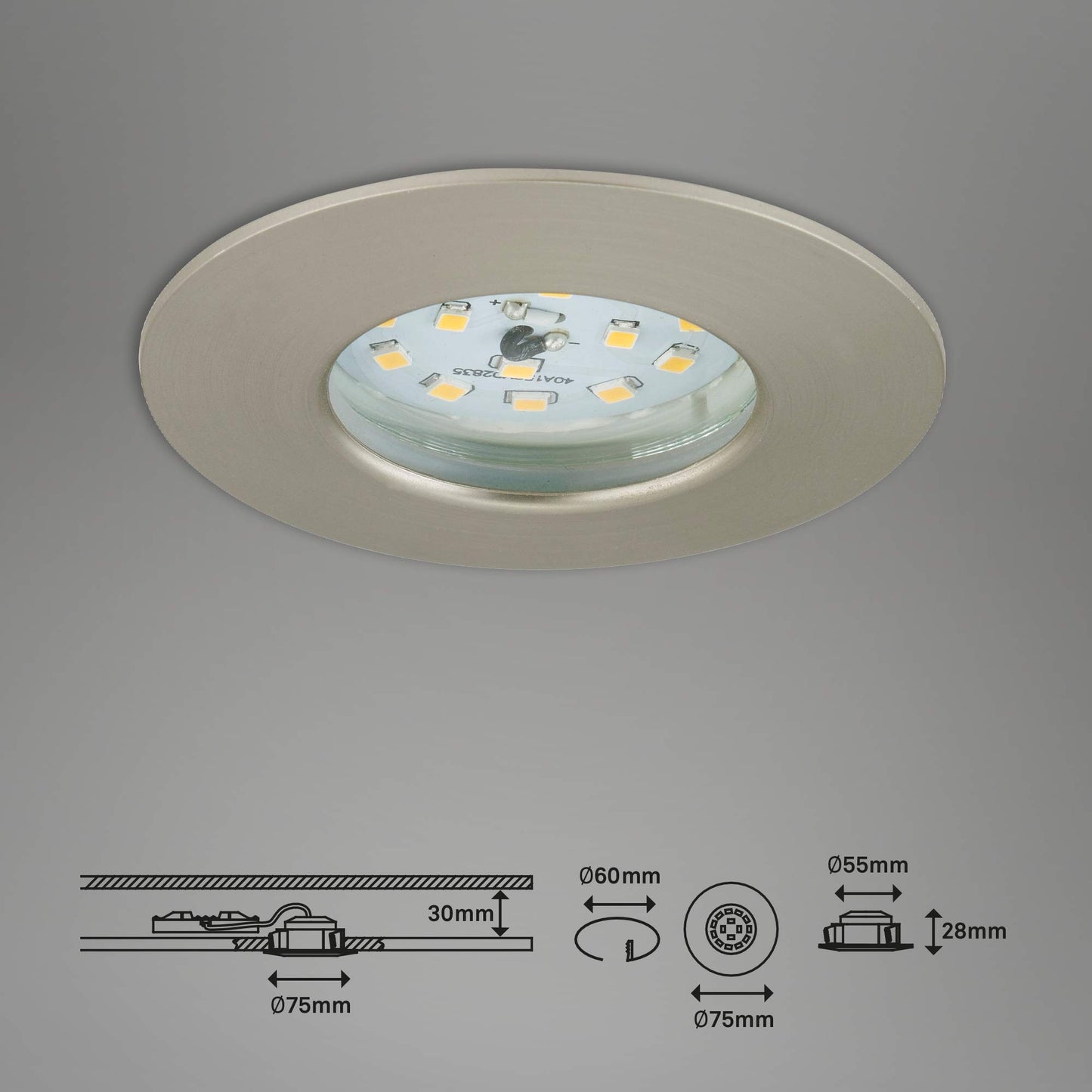 Briloner Lights 7204-032 LED Recessed Light, LED Spotlight, Ceiling Spotlight, Living Room Lamps, LED Recessed Spotlight 230V, Ceiling Recessed Lights, 5 Watts, 400 Lumens, Bathroom Suitable IP44, Energy-saving, 3-Piece Set, Round, Brushed Nickel.
