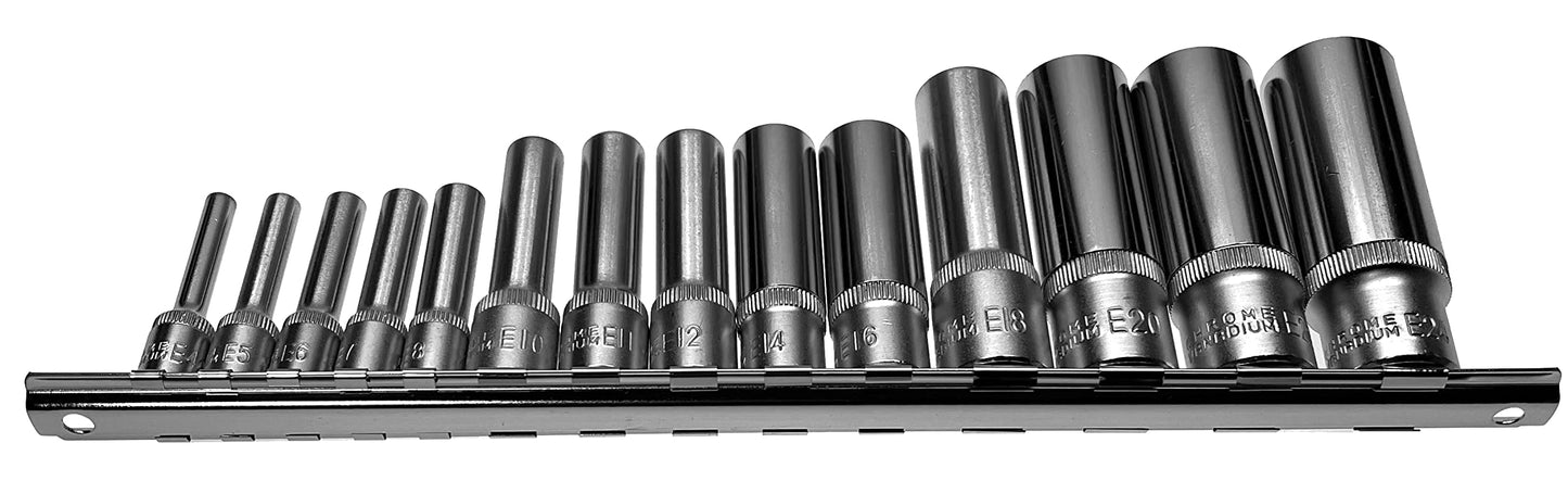 Alkan socket inserts (long/deep) E-profile sockets from E4 to E24 for external Torx screws 1/4", 3/8" and 1/2" drive on socket rail - CV steel socket, 14 pcs.