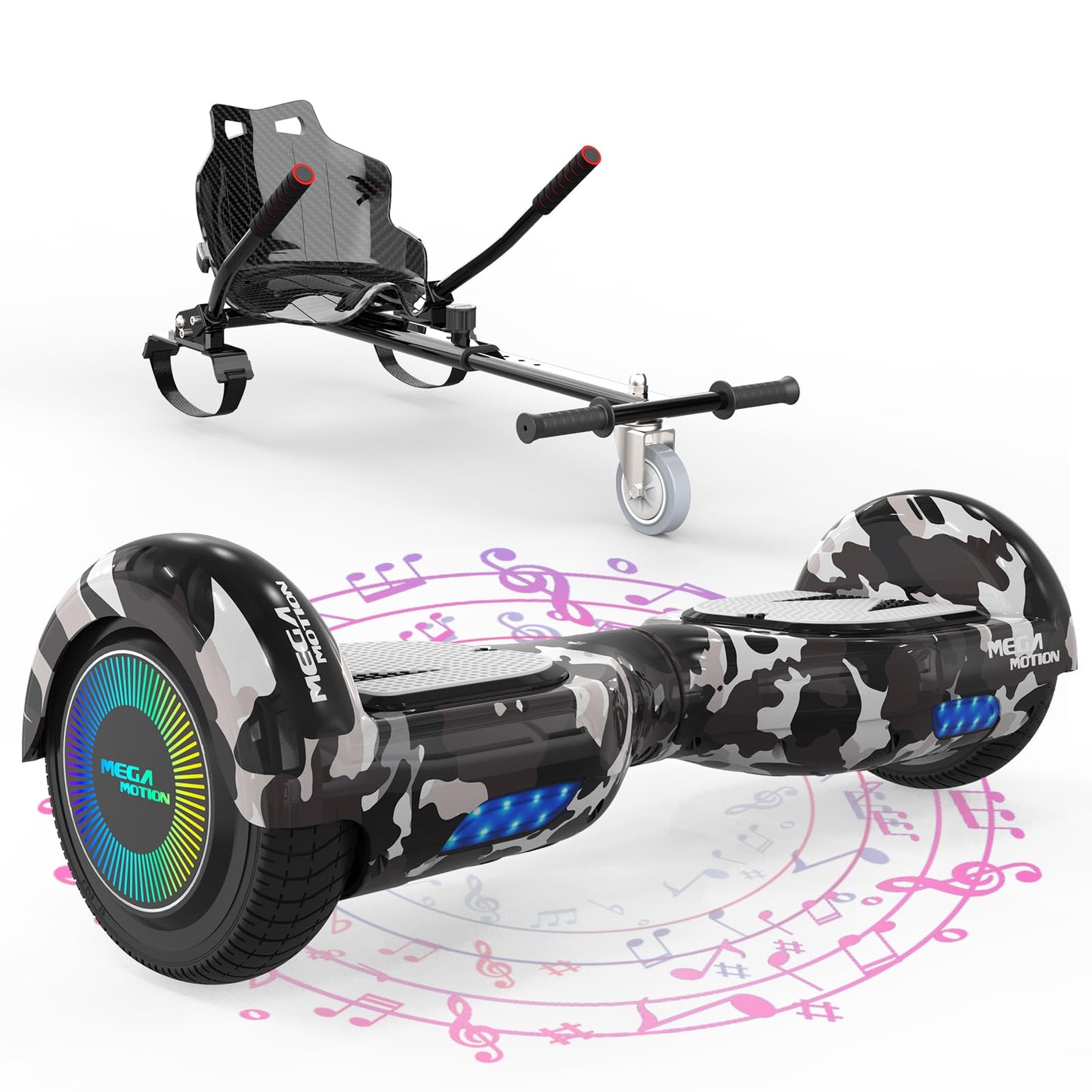 MEGA MOTION hoverboards with hoverkart for kids, 6.5 inch hoverboards with Bluetooth speaker, LED lights, gift for kids and teens.