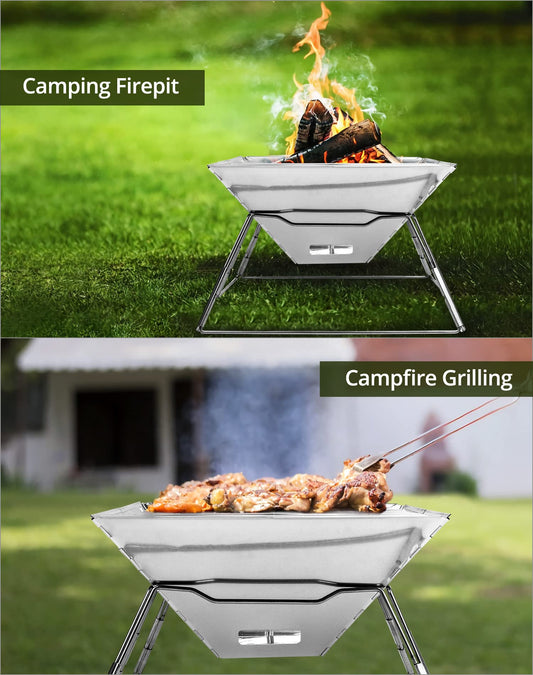 QWORK® Folding Camping Fire Pit Fire Basket made of stainless steel for garden camping outdoor activities (square)