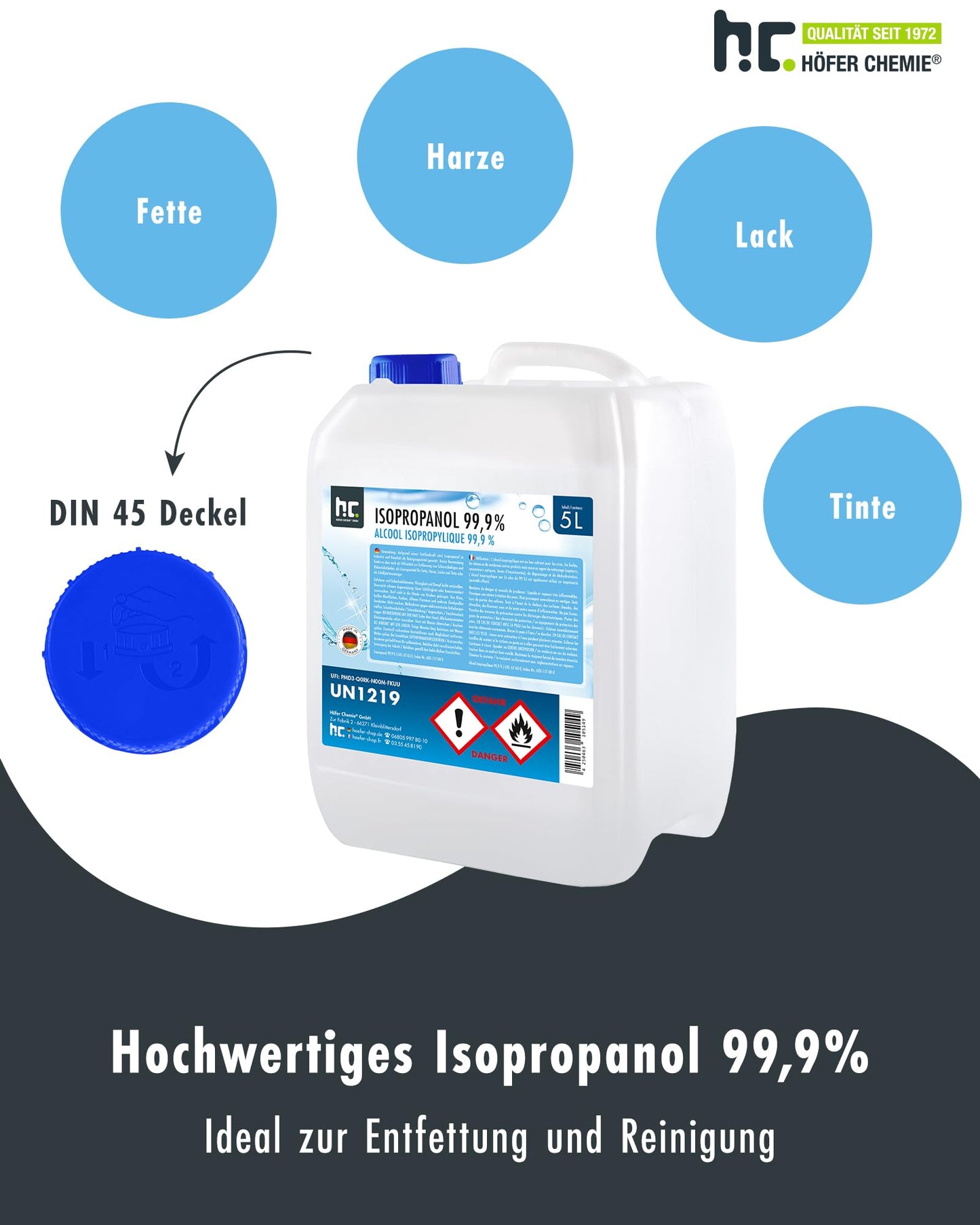 5L Isopropanol 99.9% IPA by Höfer Chemie freshly filled in a convenient 5L canister - perfect as a solvent and grease remover.