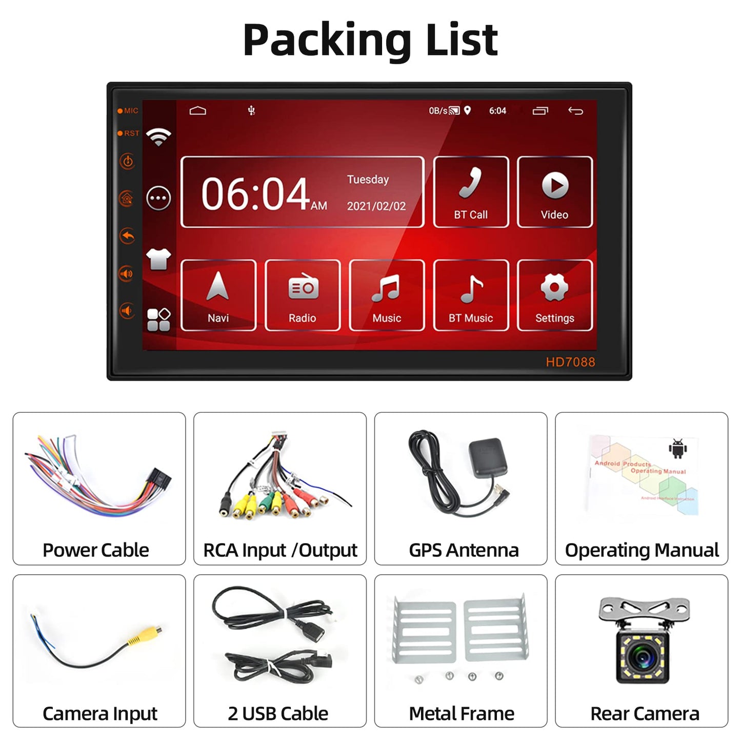 Podofo 2 Din car stereo with wireless Apple Carplay, Android Auto, Bluetooth. Android 13 Double Din car radio with 7-inch touchscreen display, WiFi, GPS, FM/RDS + rearview camera.